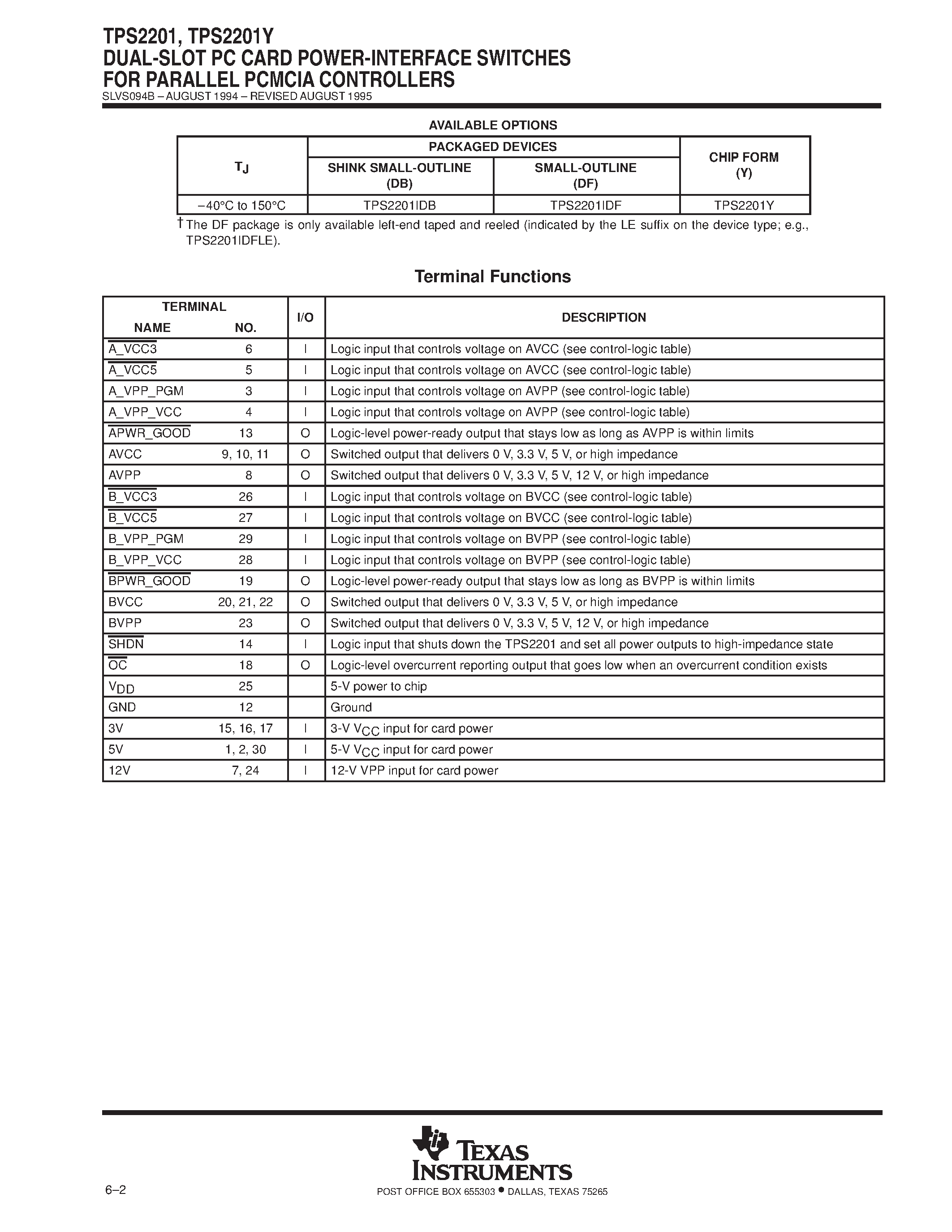 Даташит на микросхему TPS2201YDF страница 2 Даташит TPS2201YDF - DUAL-SLOT PC CARD POWER-INTERFACE SWITCHES FOR PARALLEL PCMCIA CONTROLLERS страница 2