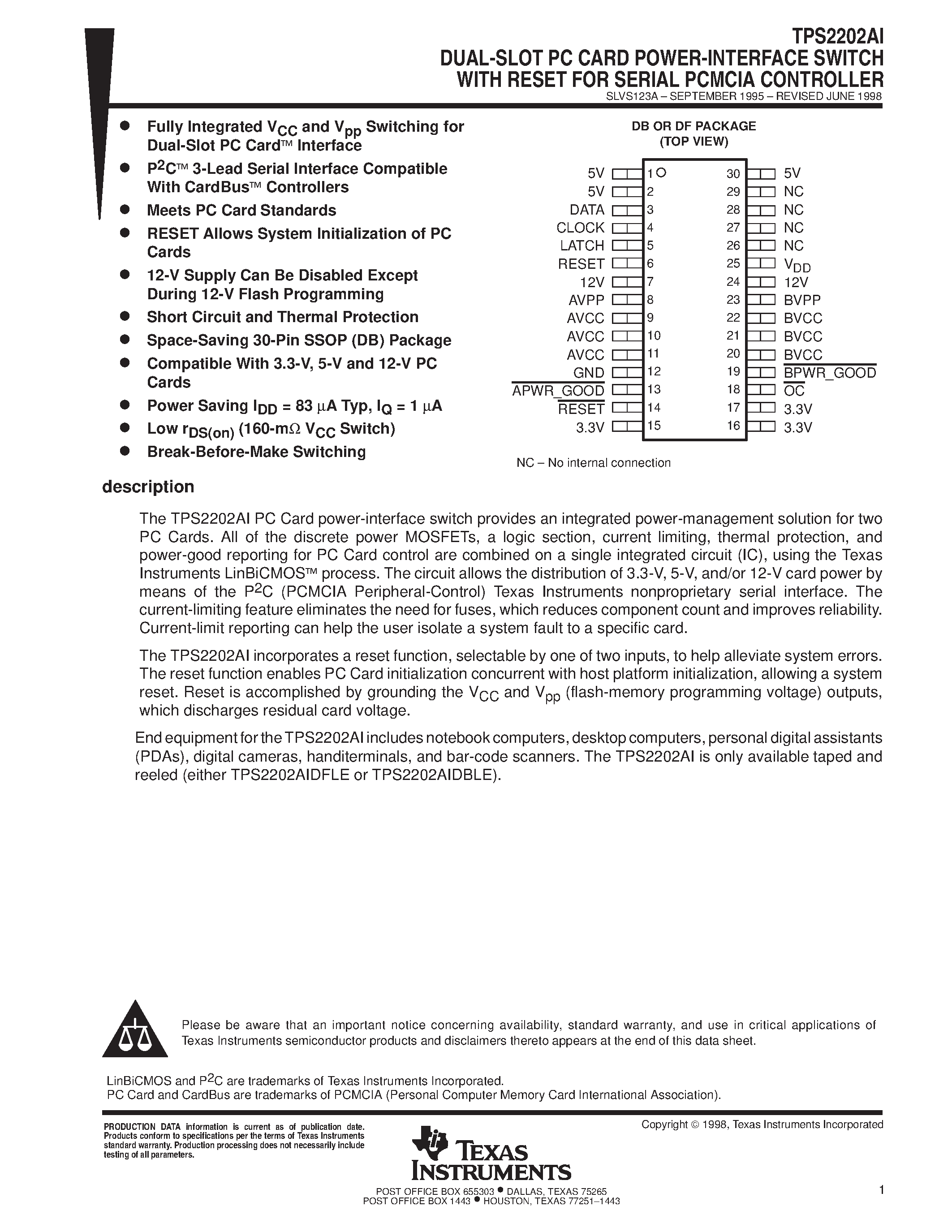 Datasheet TPS2202AIDB - DUAL-SLOT PC CARD POWER-INTERFACE SWITCH WITH RESET FOR SERIAL PCMCIA CONTROLLER page 1