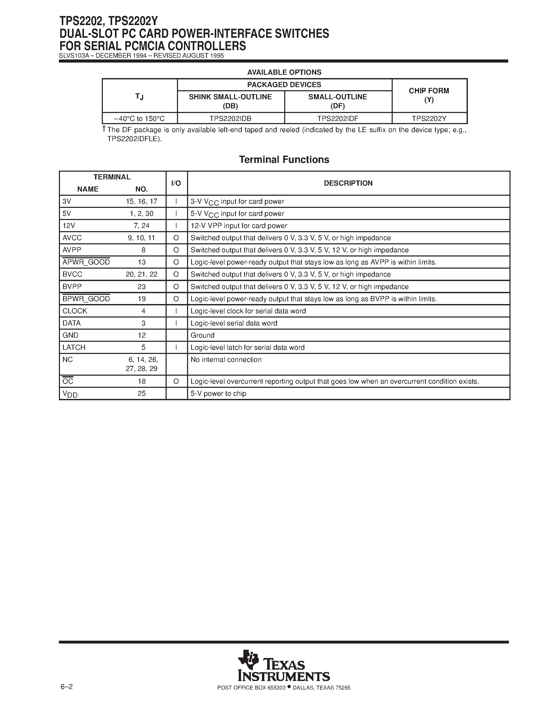 Даташит на микросхему TPS2202YDF страница 2 Даташит TPS2202YDF - DUAL-SLOT PC CARD POWER-INTERFACE SWITCHES FOR SERIAL PCMCIA CONTROLLERS страница 2
