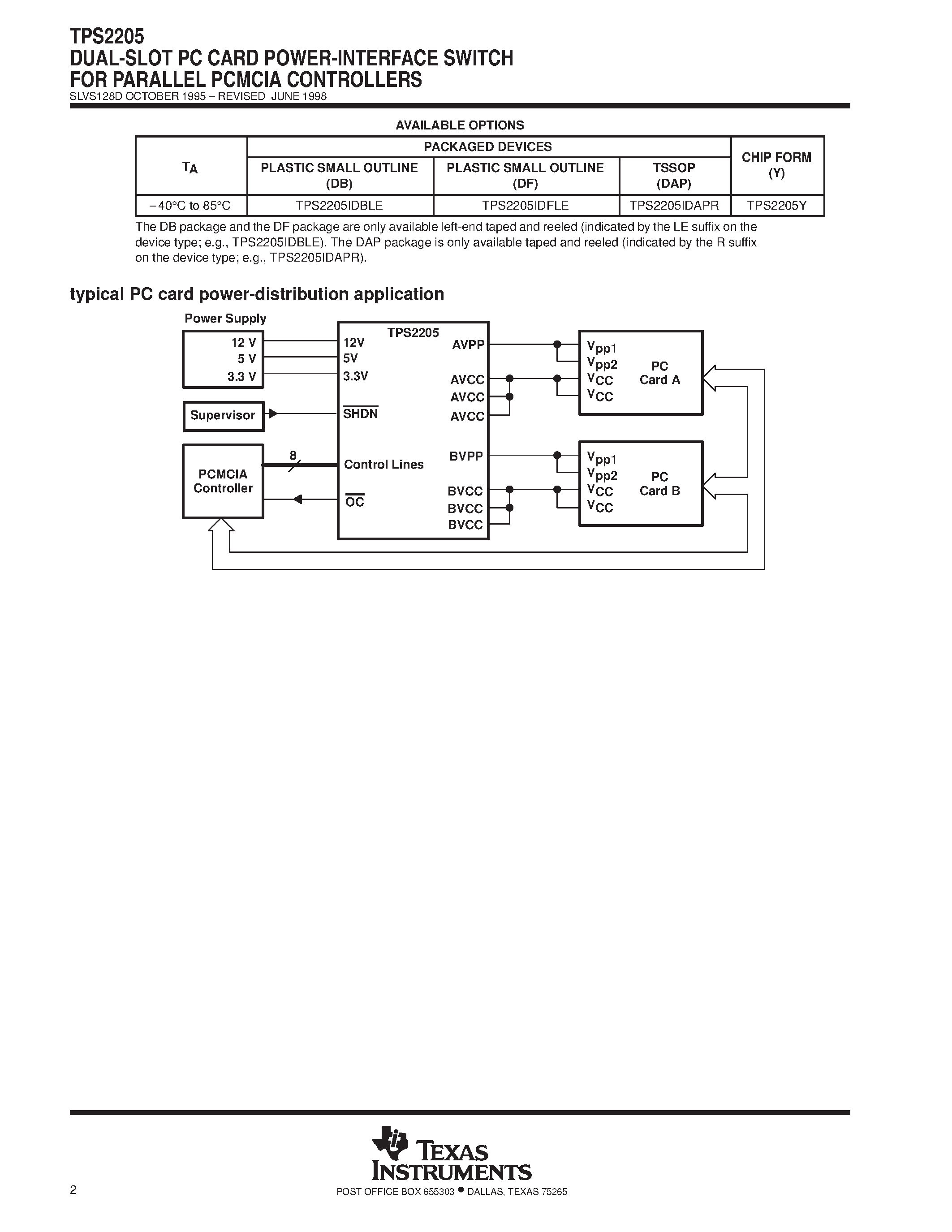 Datasheet TPS2205DAP - DUAL-SLOT PC CARD POWER-INTERFACE SWITCH FOR PARALLEL PCMCIA CONTROLLERS page 2