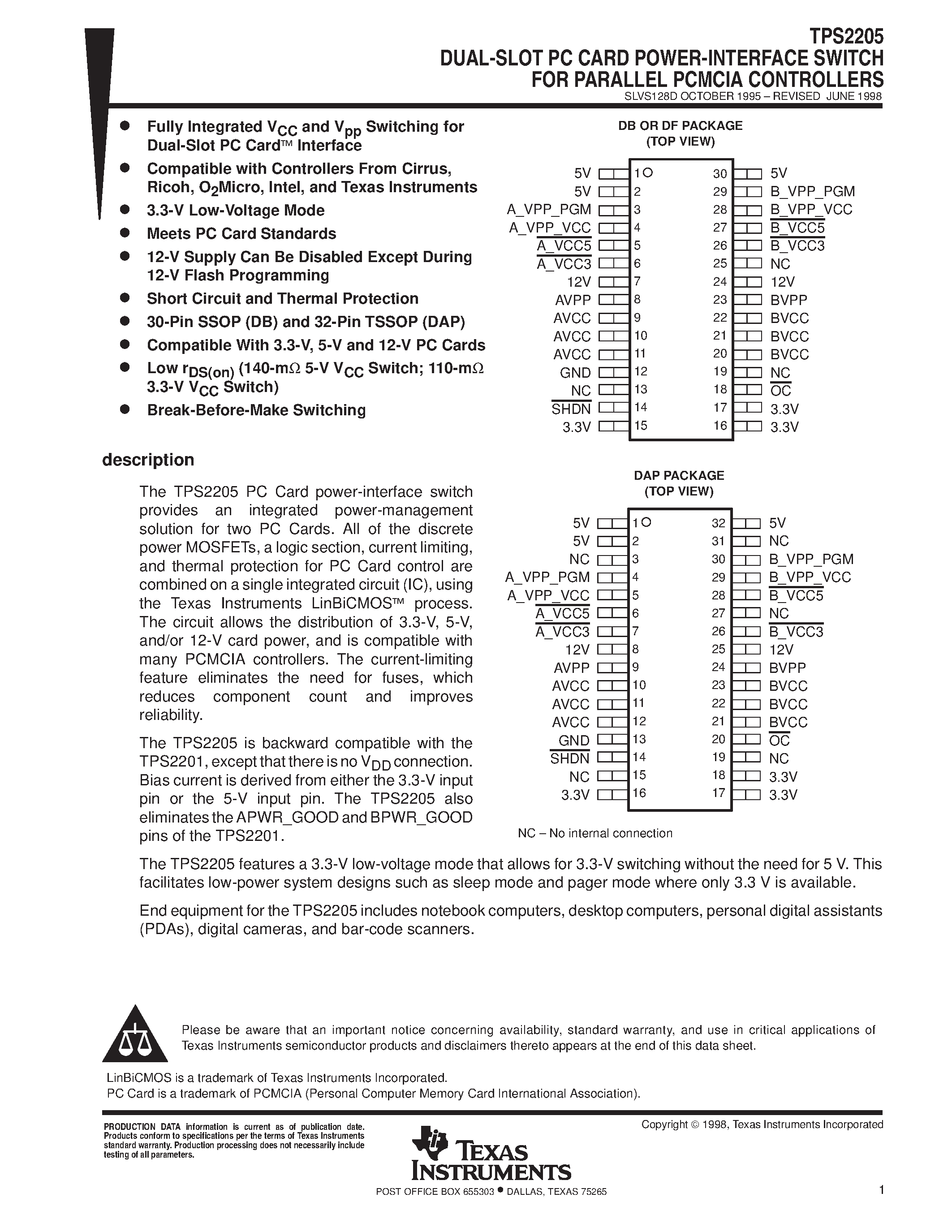 Datasheet TPS2205DB - DUAL-SLOT PC CARD POWER-INTERFACE SWITCH FOR PARALLEL PCMCIA CONTROLLERS page 1