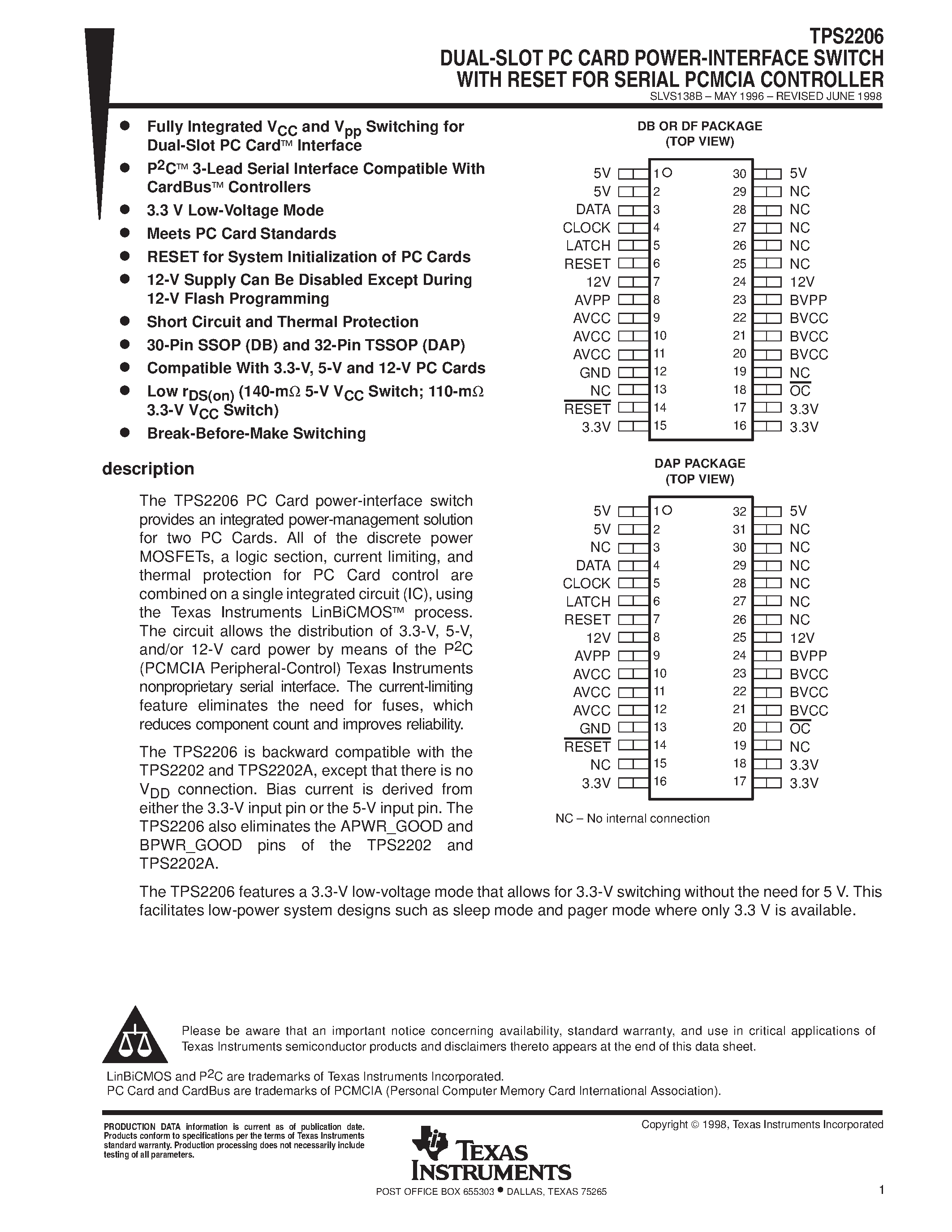 Datasheet TPS2206 - DUAL-SLOT PC CARD POWER-INTERFACE SWITCH WITH RESET FOR SERIAL PCMCIA CONTROLLER page 1