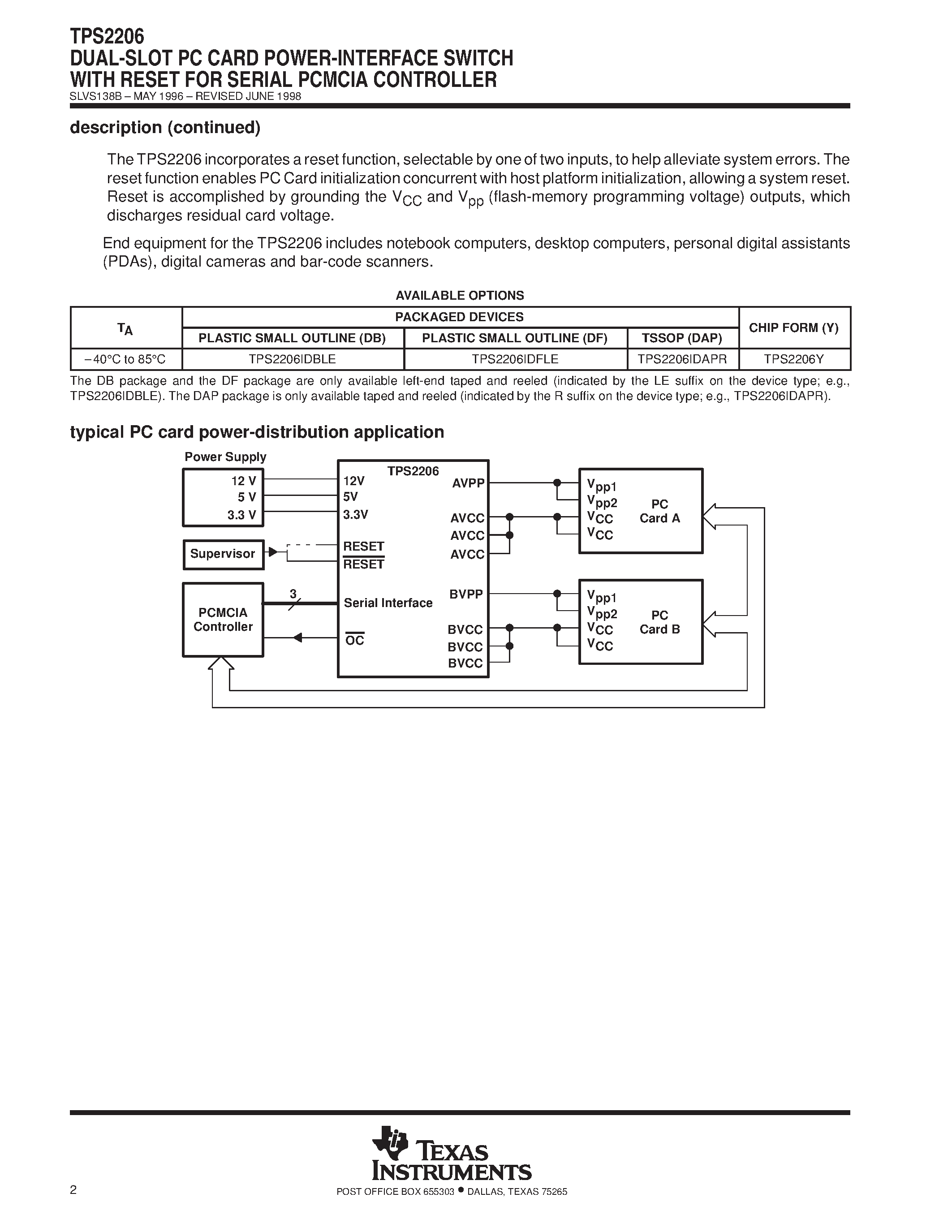 Datasheet TPS2206 - DUAL-SLOT PC CARD POWER-INTERFACE SWITCH WITH RESET FOR SERIAL PCMCIA CONTROLLER page 2