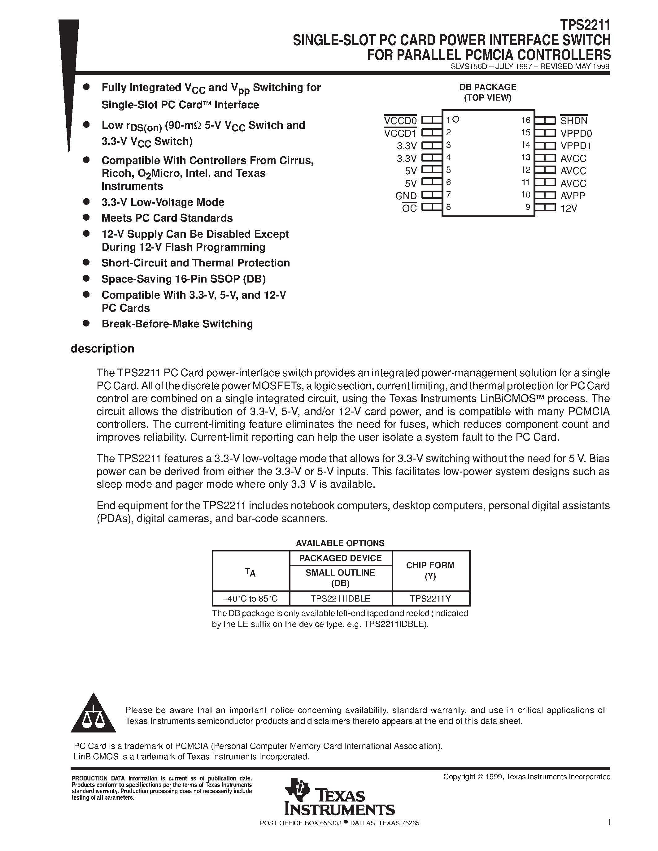 Datasheet TPS2211DB - SINGLE-SLOT PC CARD POWER INTERFACE SWITCH FOR PARALLEL PCMCIA CONTROLLERS page 1