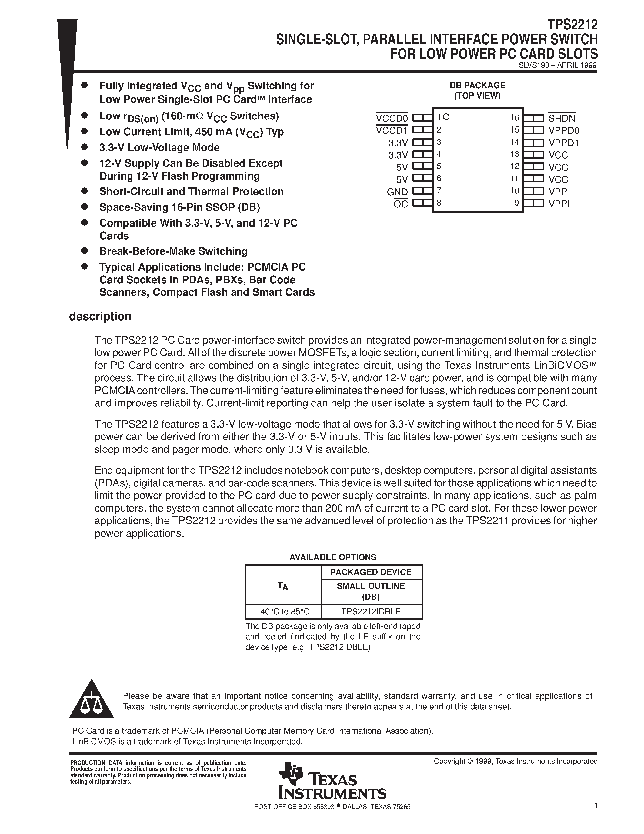 Datasheet TPS2212DB - SINGLE-SLOT/ PARALLEL INTERFACE POWER SWITCH FOR LOW POWER PC CARD SLOTS page 1