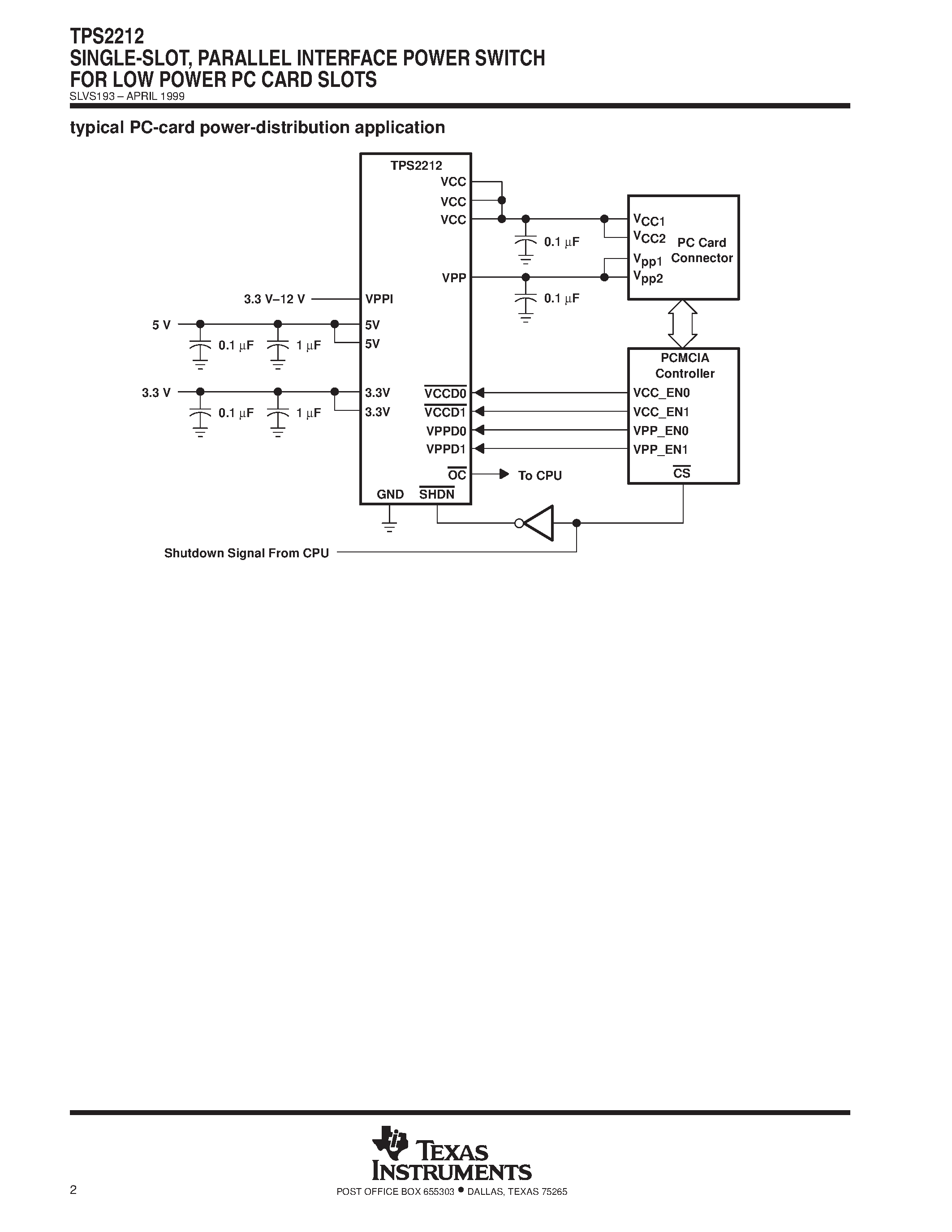 Datasheet TPS2212DB - SINGLE-SLOT/ PARALLEL INTERFACE POWER SWITCH FOR LOW POWER PC CARD SLOTS page 2