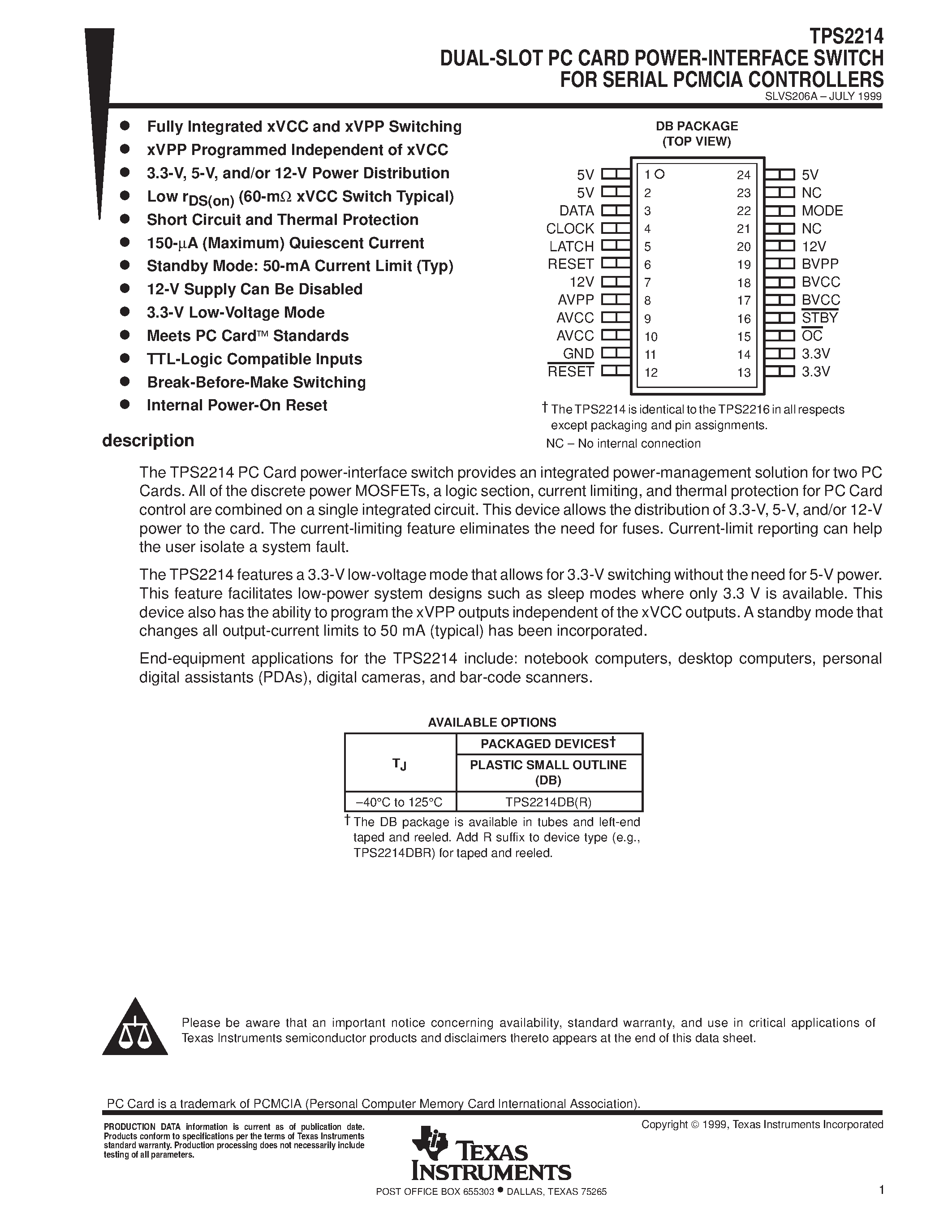 Datasheet TPS2214 - DUAL-SLOT PC CARD POWER-INTERFACE SWITCH FOR SERIAL PCMCIA CONTROLLERS page 1