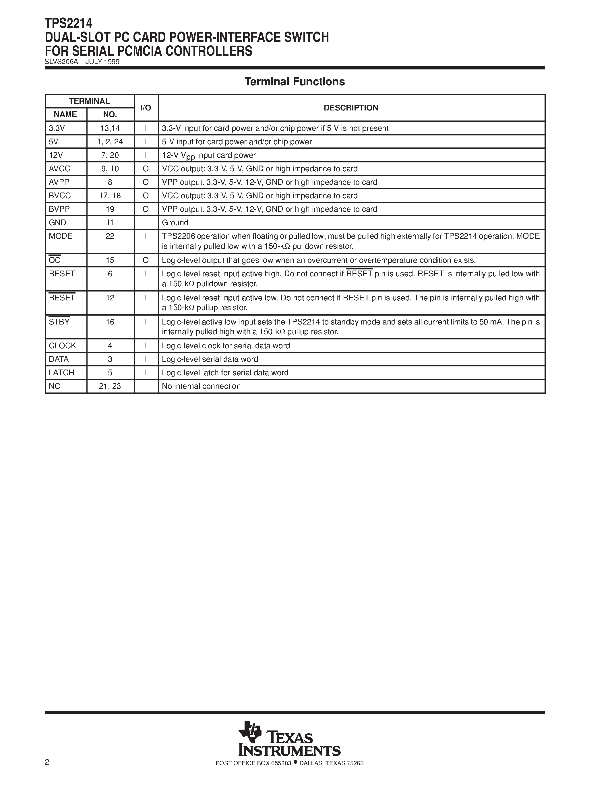 Datasheet TPS2214 - DUAL-SLOT PC CARD POWER-INTERFACE SWITCH FOR SERIAL PCMCIA CONTROLLERS page 2