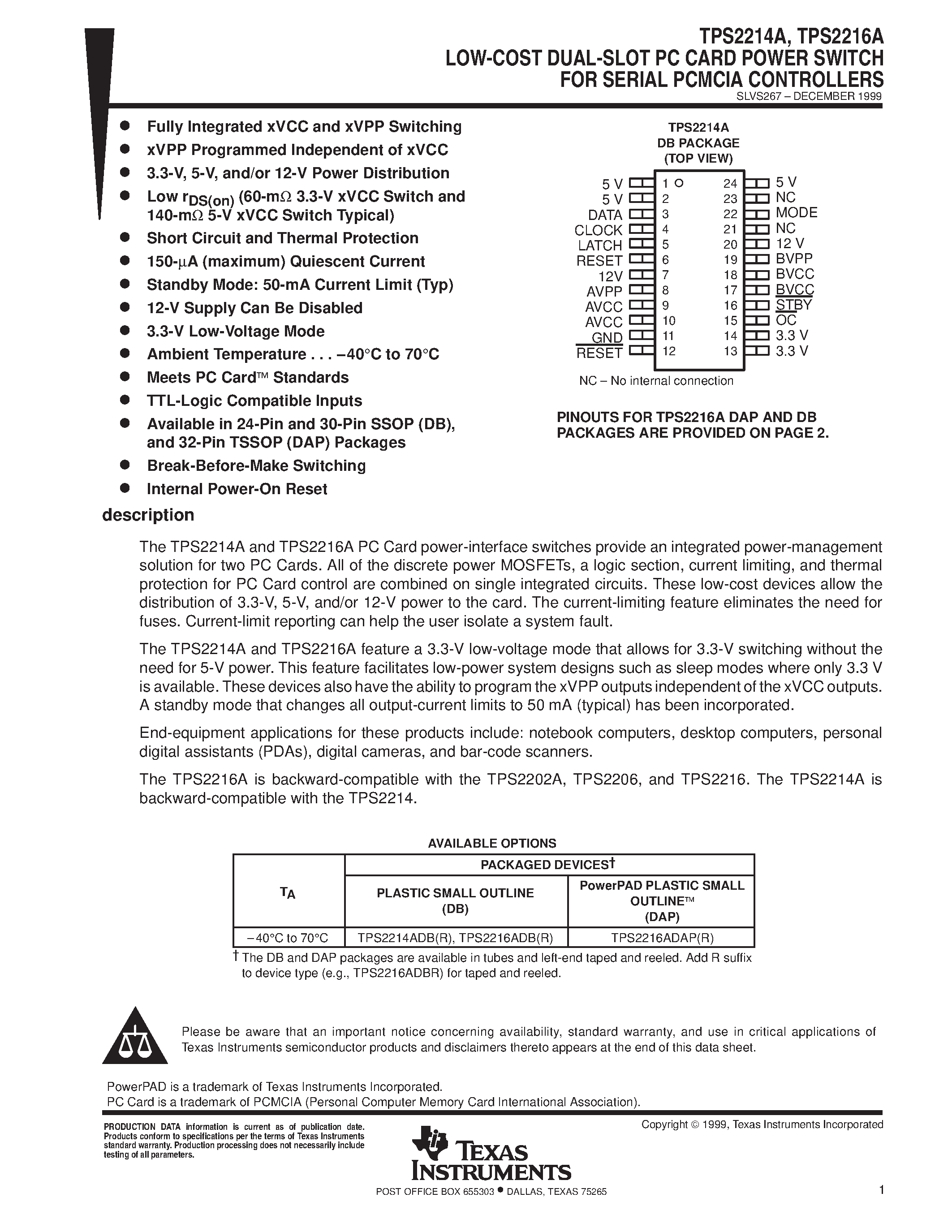 Datasheet TPS2214A - LOW-COST DUAL-SLOT PC CARD POWER SWITCH FOR SERIAL PCMCIA CONTROLLERS page 1