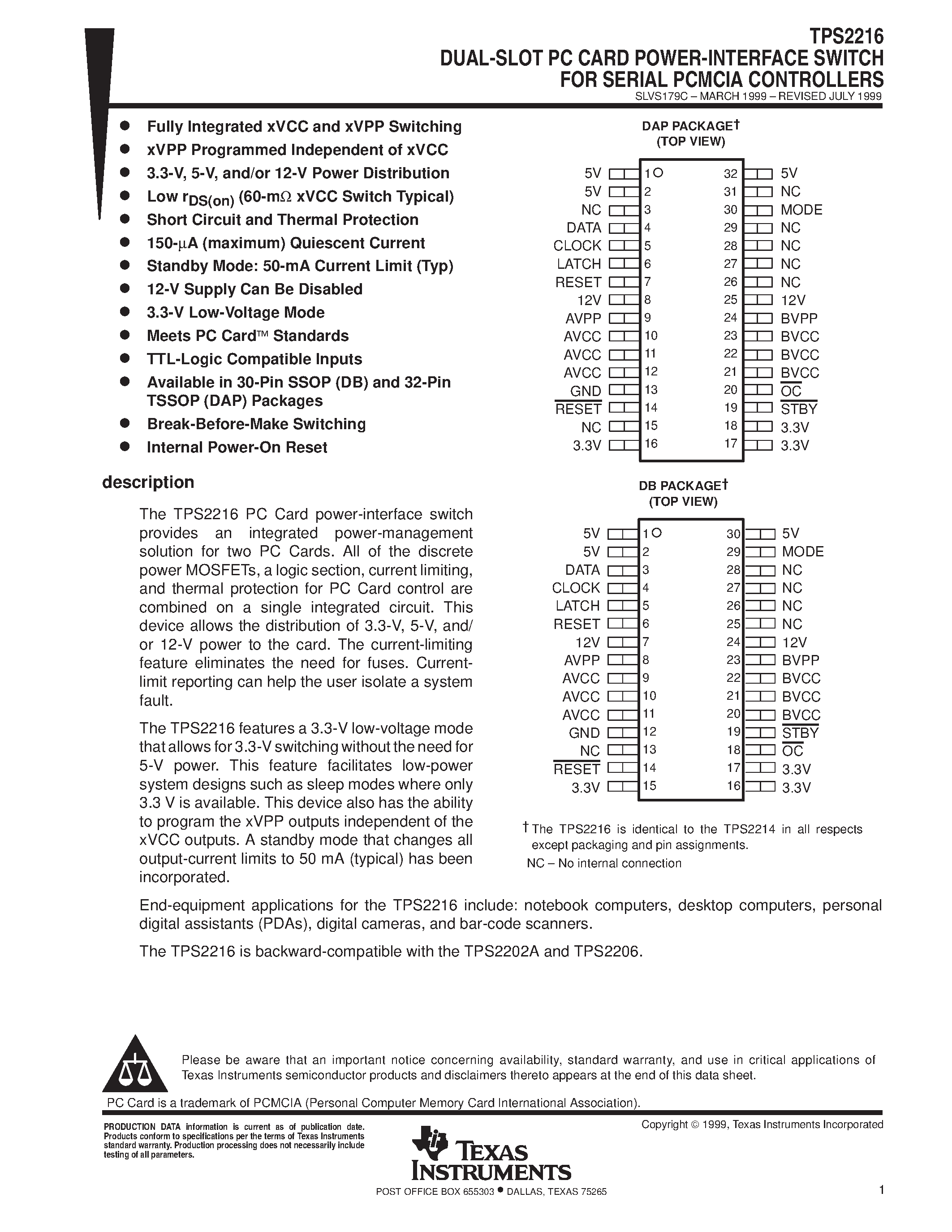 Datasheet TPS2216DAP - DUAL-SLOT PC CARD POWER-INTERFACE SWITCH FOR SERIAL PCMCIA CONTROLLERS page 1