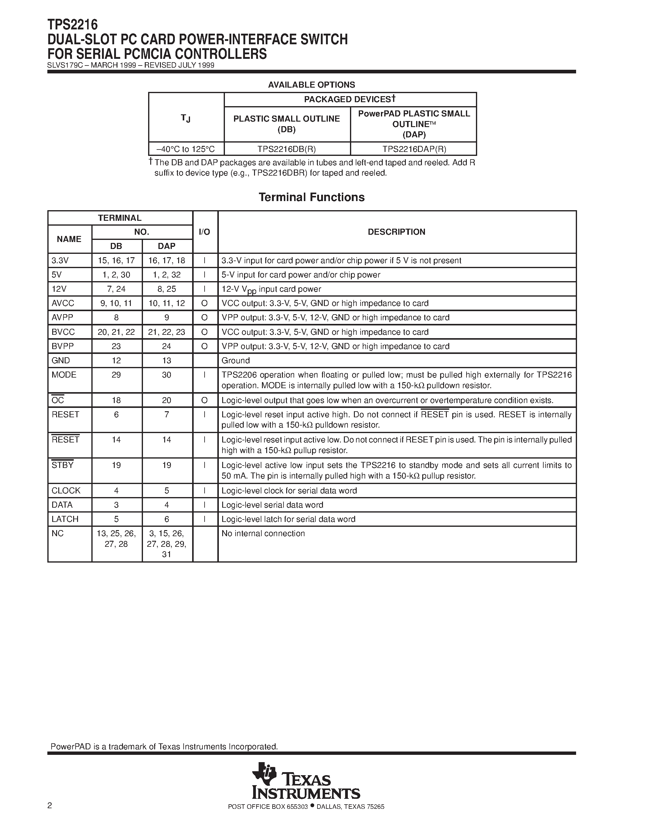 Datasheet TPS2216DAP - DUAL-SLOT PC CARD POWER-INTERFACE SWITCH FOR SERIAL PCMCIA CONTROLLERS page 2