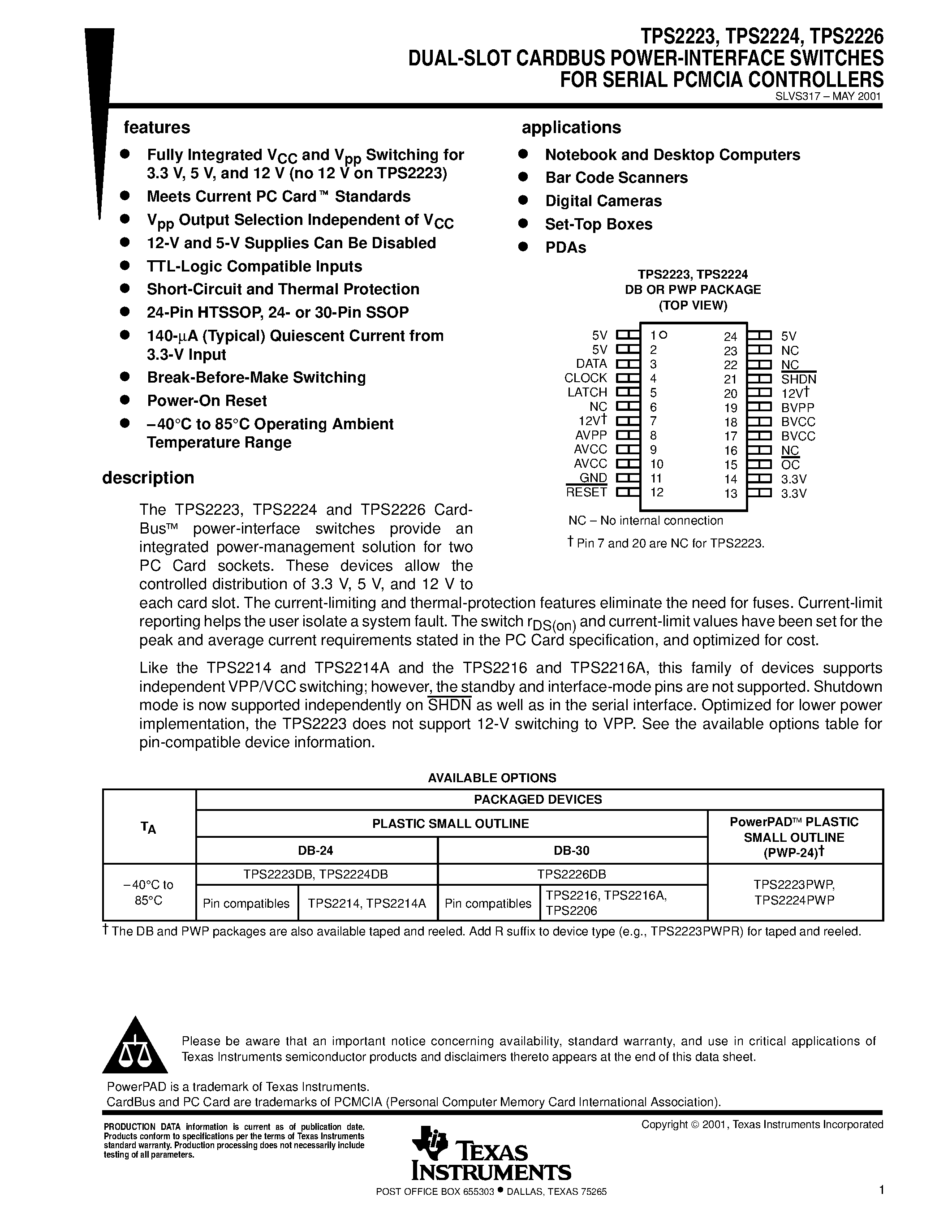 Даташит TPS2223DB - DUAL-SLOT CARDBUS POWER-INTERFACE SWITCHES FOR SERIAL PCMCIA CONTROLLERS страница 1