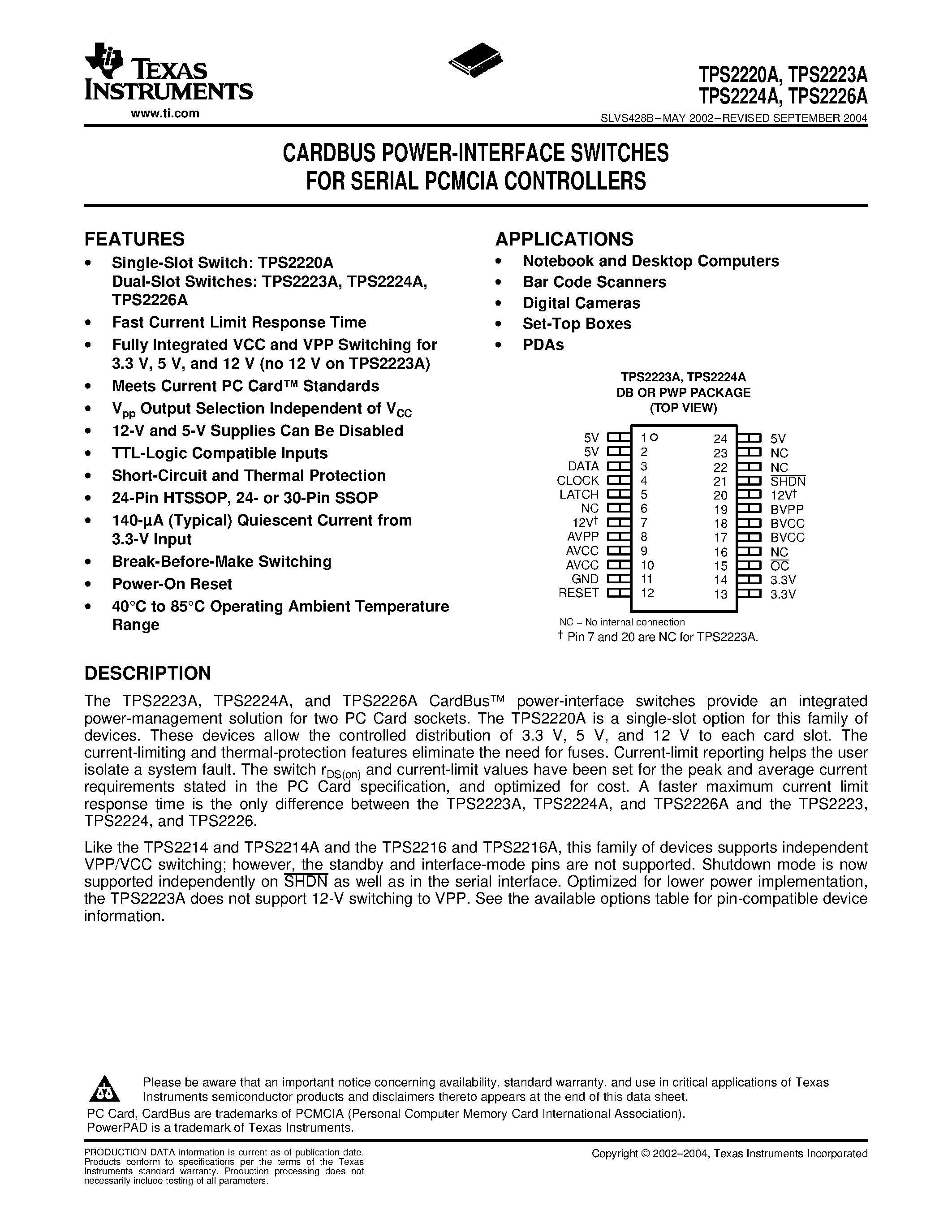Даташит TPS2224ADB - CARDBUS POWER-INTERFACE SWITCHES FOR SERIAL PCMCIA CONTROLLERS страница 1