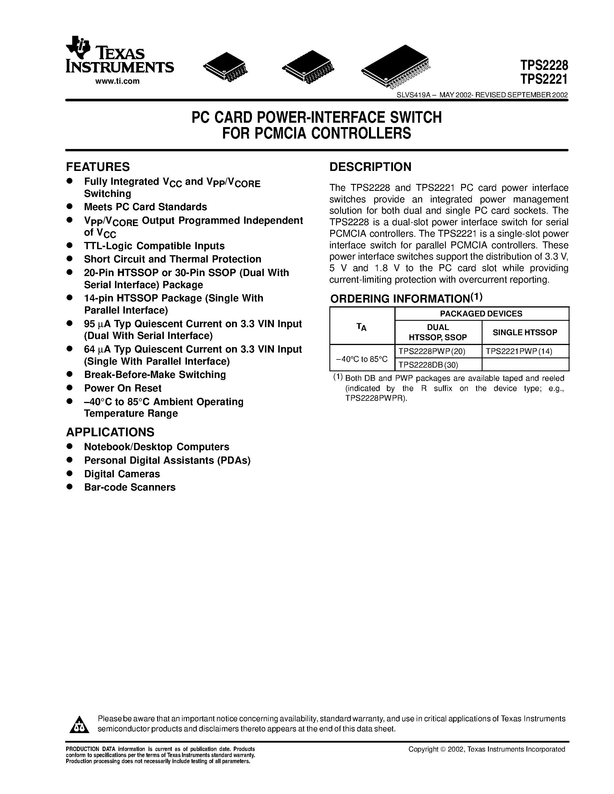 Datasheet TPS2228DB - PC CARD POWER-INTERFACE SWITCH FOR PCMCIA CONTROLLERS page 1