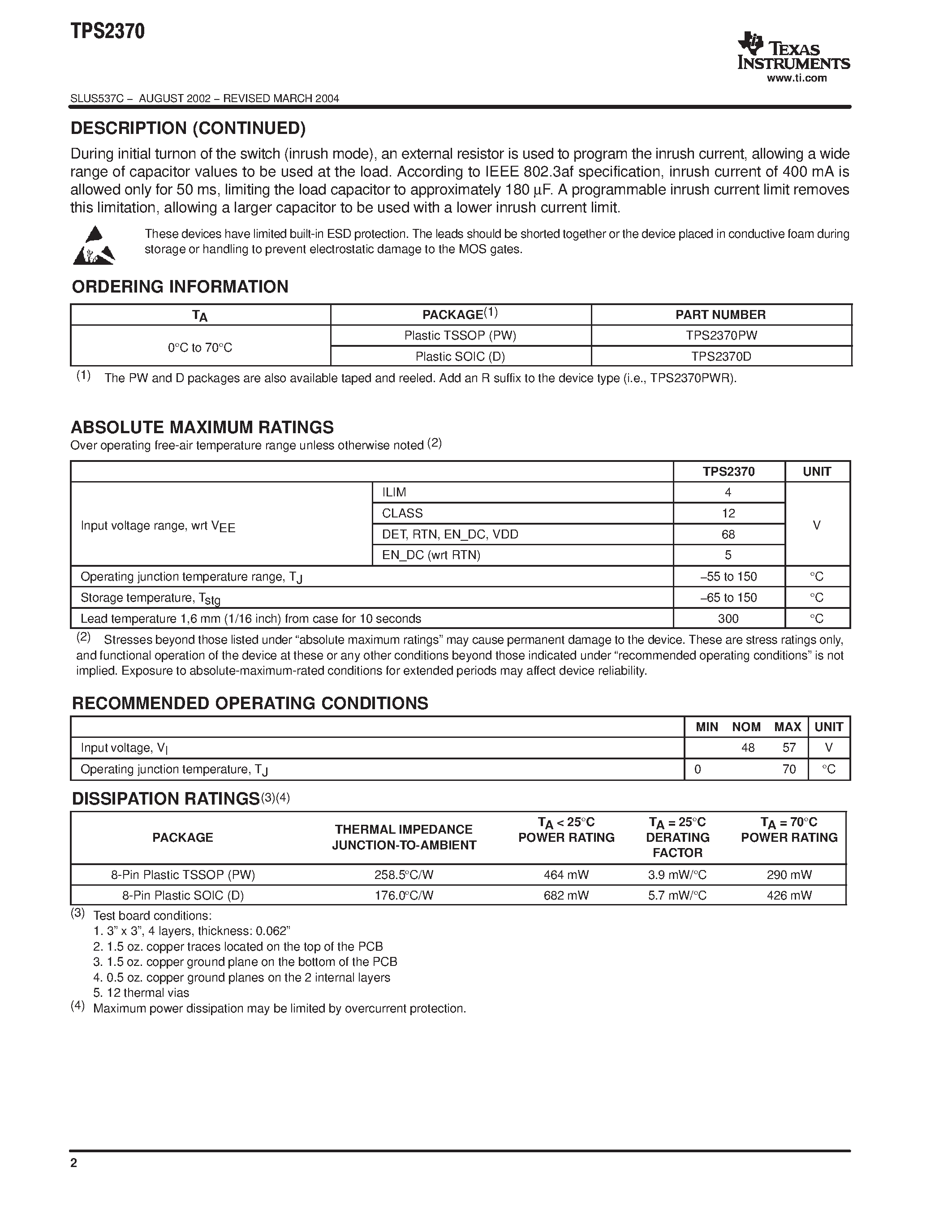 Datasheet TPS2370 - IEEE 802.3af POWER INTERFACE SWITCH FOR POWER OVER ETHERNET(PoE) POWERED DEVICES page 2