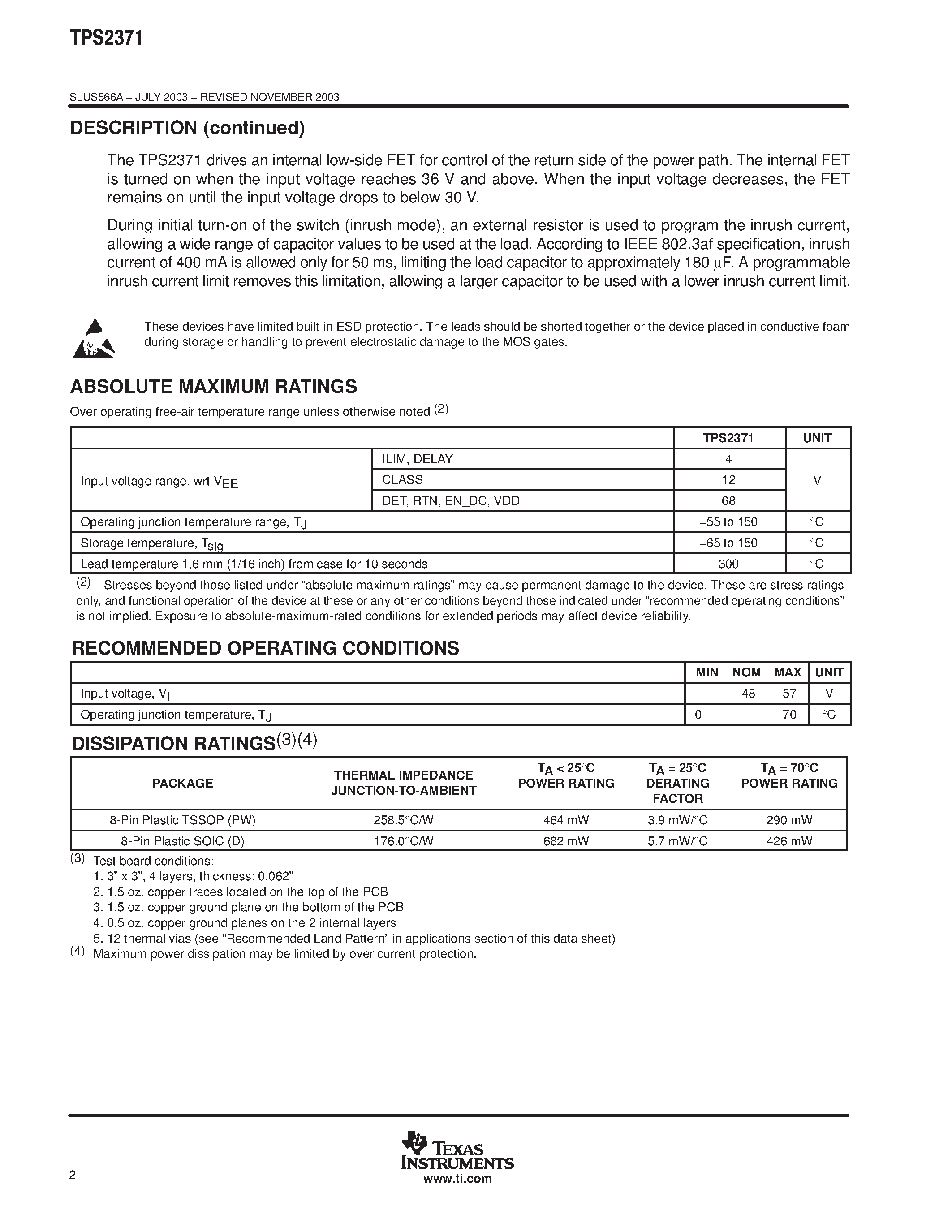 Datasheet TPS2371PW page 2 Datasheet TPS2371PW - LEGACY IEEE802.3AF COMPATIBLE POWER INTERFACE SWITCH FOR POWER OVER ETHERNET POWERED DEVICES page 2