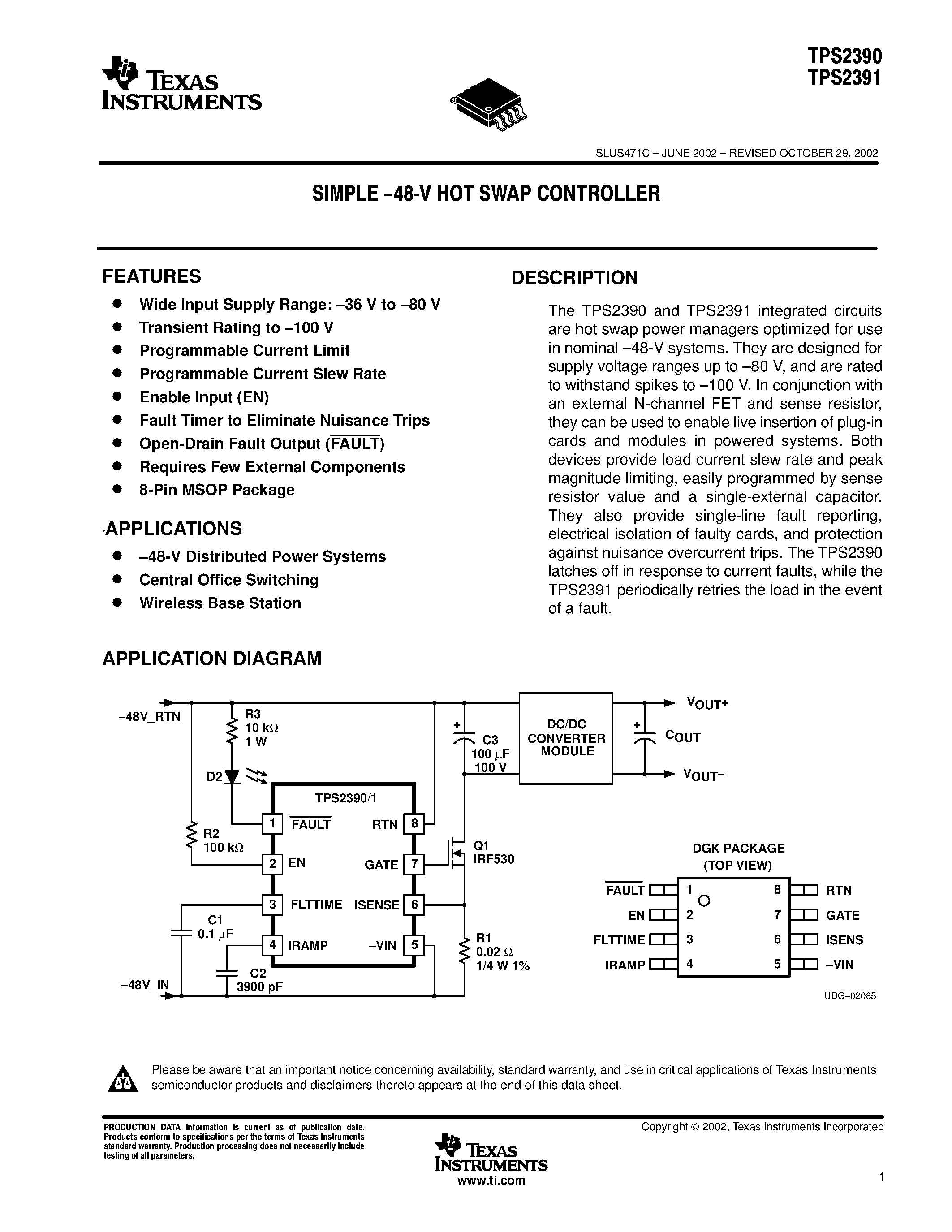 Даташит TPS2391 - SIMPLE-48-V HOT SWAP CONTROLLER страница 1