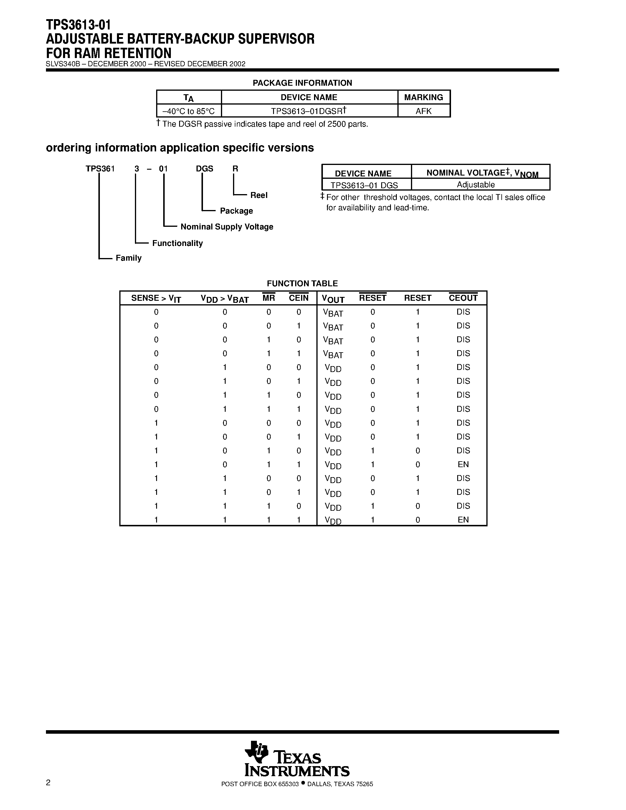 Datasheet TPS3613-01DGS - ADJUSTABLE BATTERY BACK UP SUPERVISOR FOR RAM RETENTION page 2