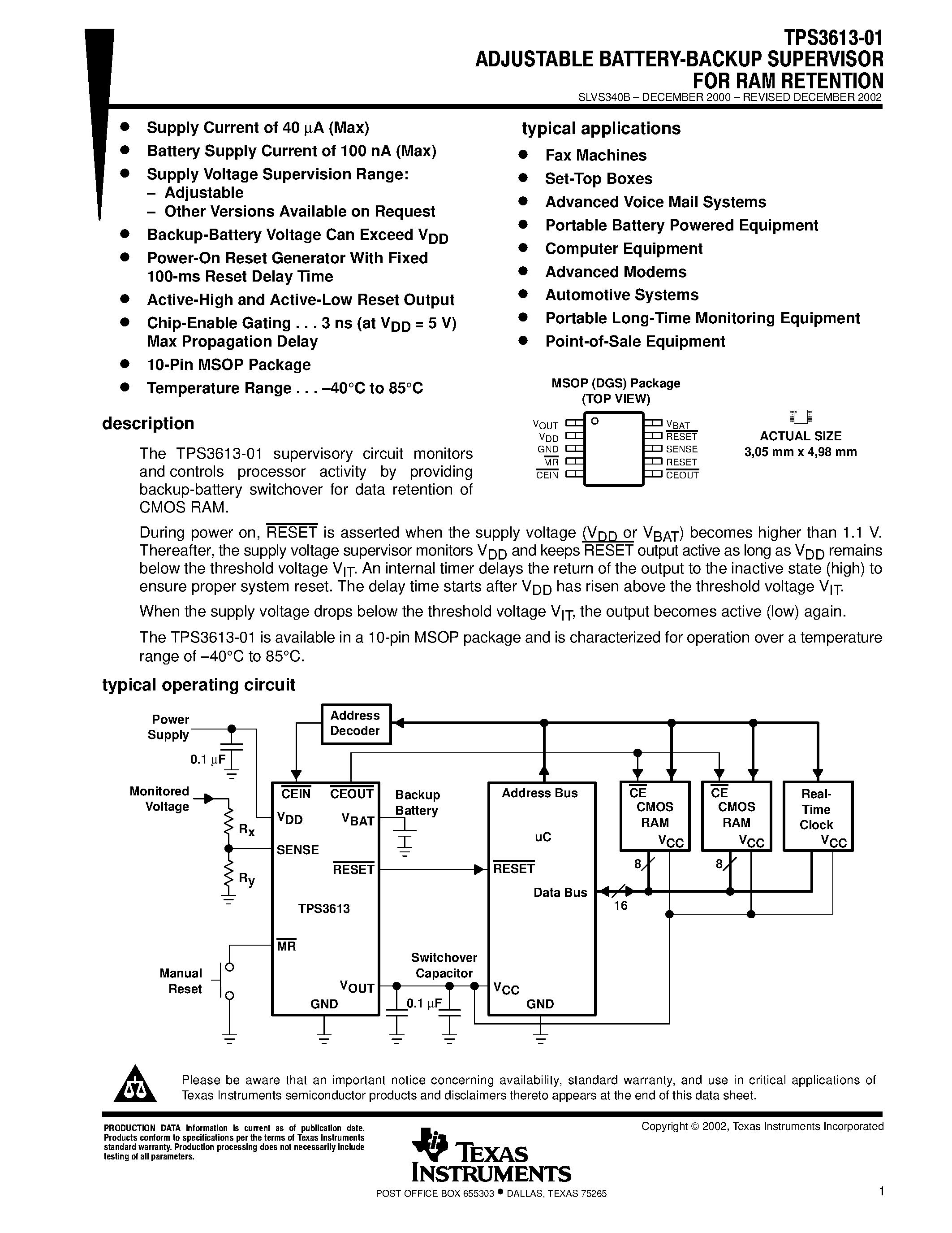 Datasheet TPS3613-01DGSR - ADJUSTABLE BATTERY BACK UP SUPERVISOR FOR RAM RETENTION page 1
