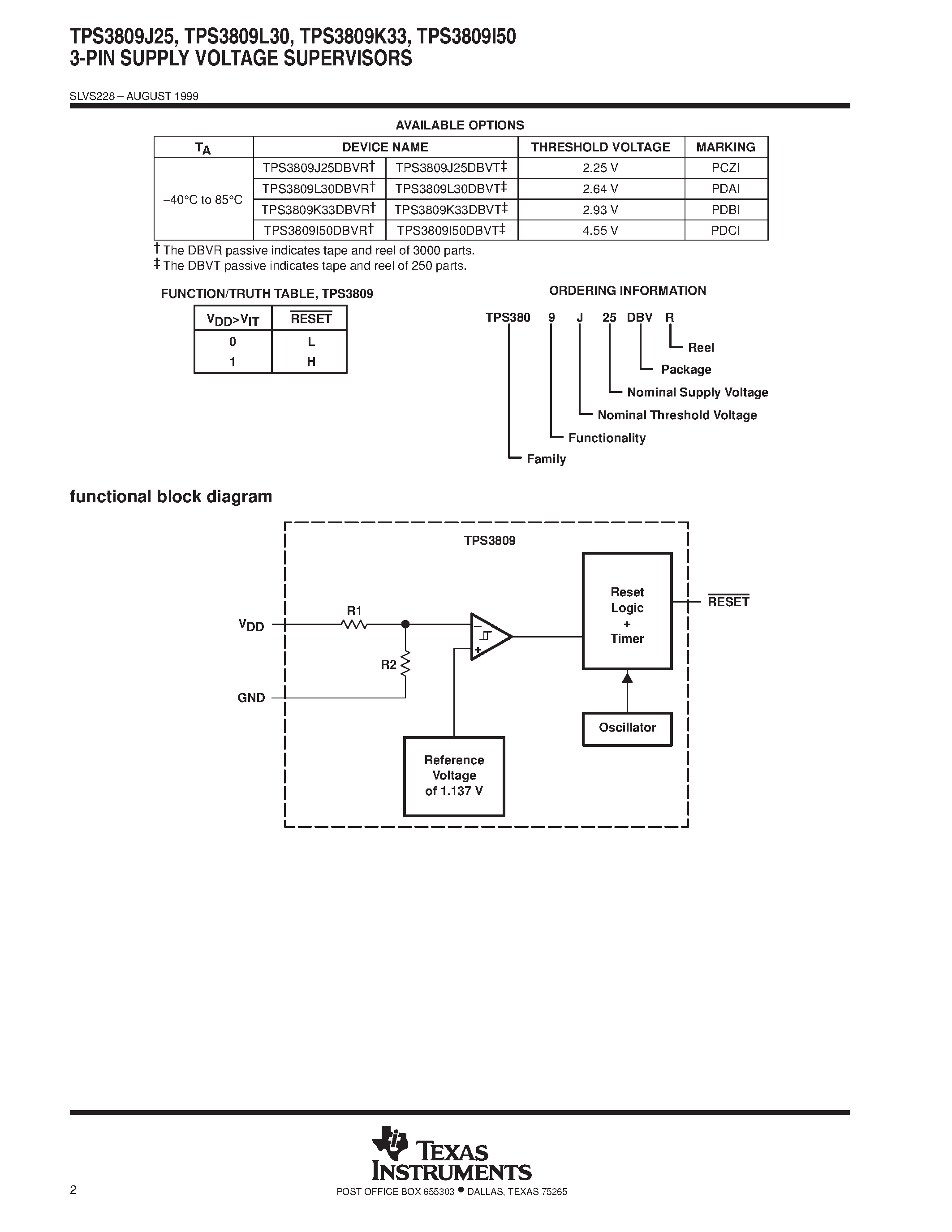 Datasheet TPS3809L30 page 2 Datasheet TPS3809L30 - 3-PIN SUPPLY VOLTAGE SUPERVISORS page 2