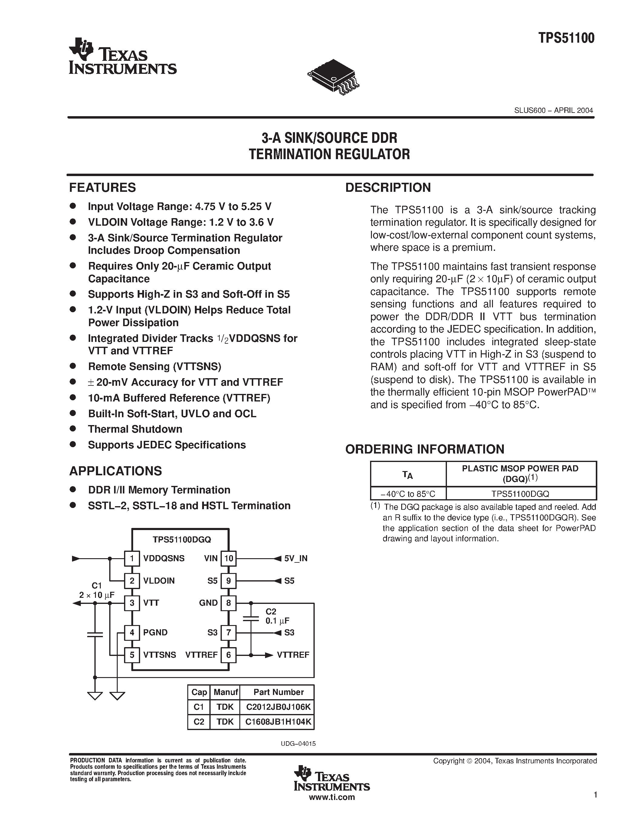 Datasheet TPS5110 - 3-A SINK/ SOURCE DDR TERMINATION REGULATOR page 1