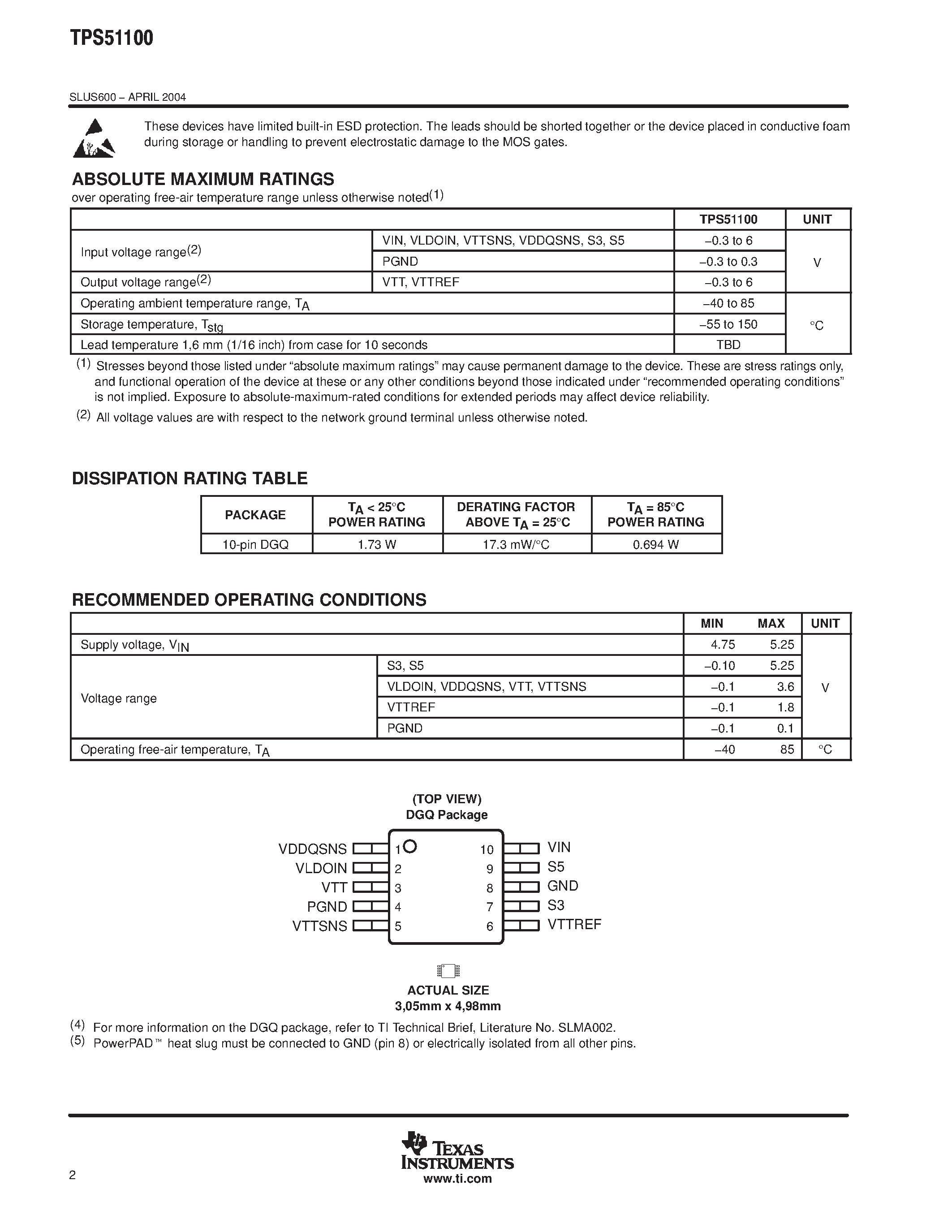 Datasheet TPS51100DGQ - 3-A SINK/ SOURCE DDR TERMINATION REGULATOR page 2