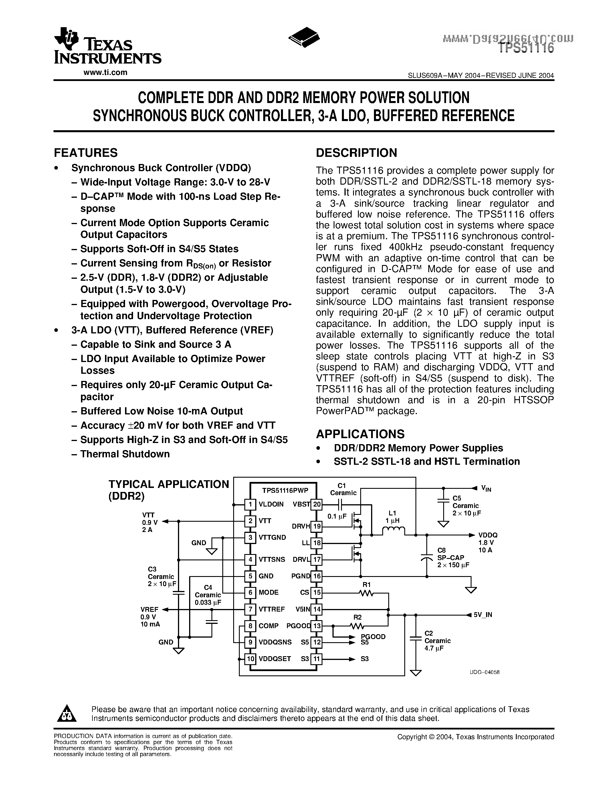 Datasheet TPS51116PWP - COMPLETE DDR AND DDR2 MEMORY POWER SOLUTION SYNCHRONOUS BUCK CONTROLLER/ 3-A LDO/ BUFFERED REFERENCE page 1