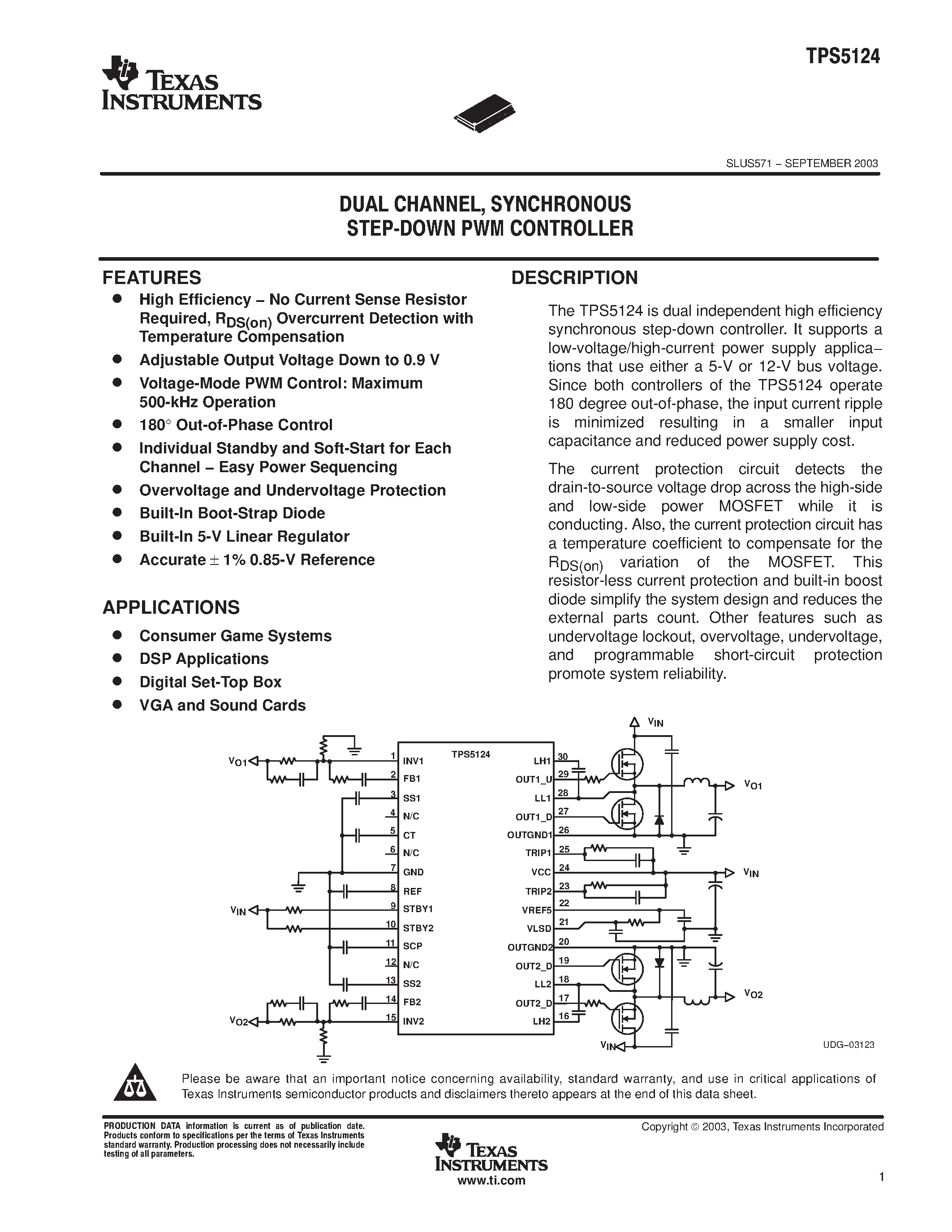 Datasheet TPS5124 page 1 Datasheet TPS5124 - DUAL CHANNEL SYNCHRONOUS STEP DOWN PWM CONTROLLER page 1