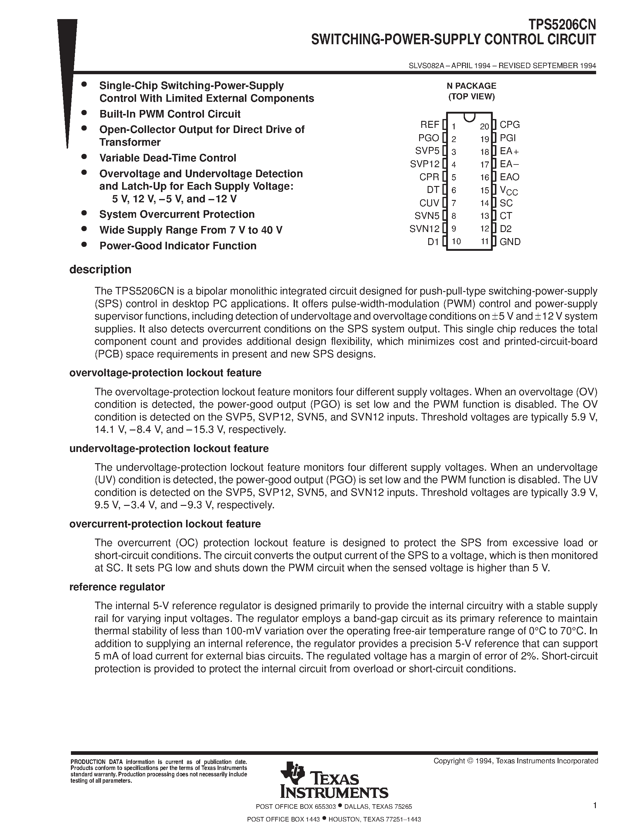 Datasheet TPS5206 page 1 Datasheet TPS5206 - SWITCHING-POWER-SUPPLY CONTROL CIRCUIT page 1