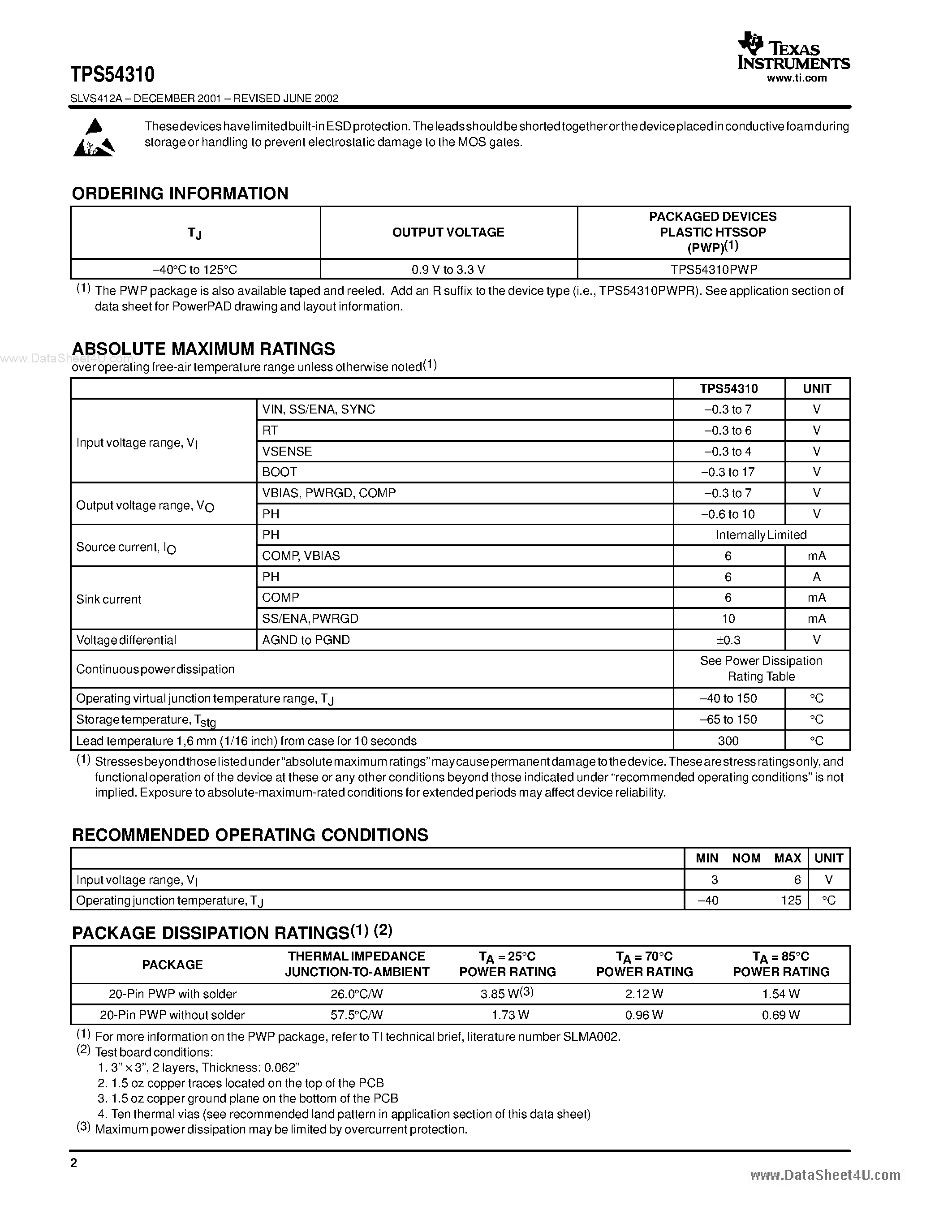Datasheet TPS54310 page 2 Datasheet TPS54310 - 3-V TO 6-V INPUT/ 3-A OUTPUT SYNCHRONOUS-BUCK PWM SWITCHER WITH INTEGRATED FETs page 2