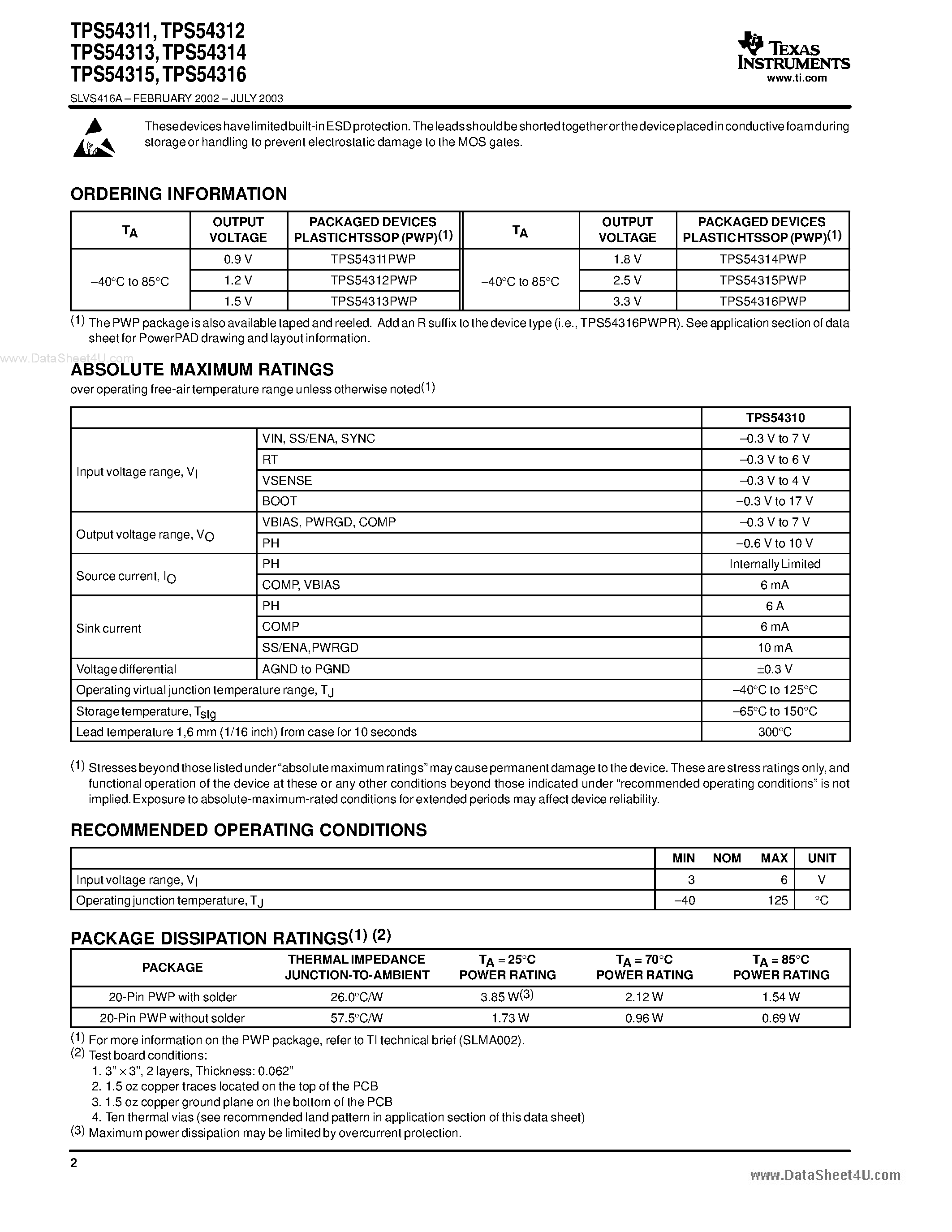 Даташит на микросхему TPS54311PWP страница 2 Даташит TPS54311PWP - 3-V TO 6-V INPUT/ 3-A OUTPUT SYNCHRONOUS-BUCK PWM SWITCHER WITH INTEGRATED FETs страница 2