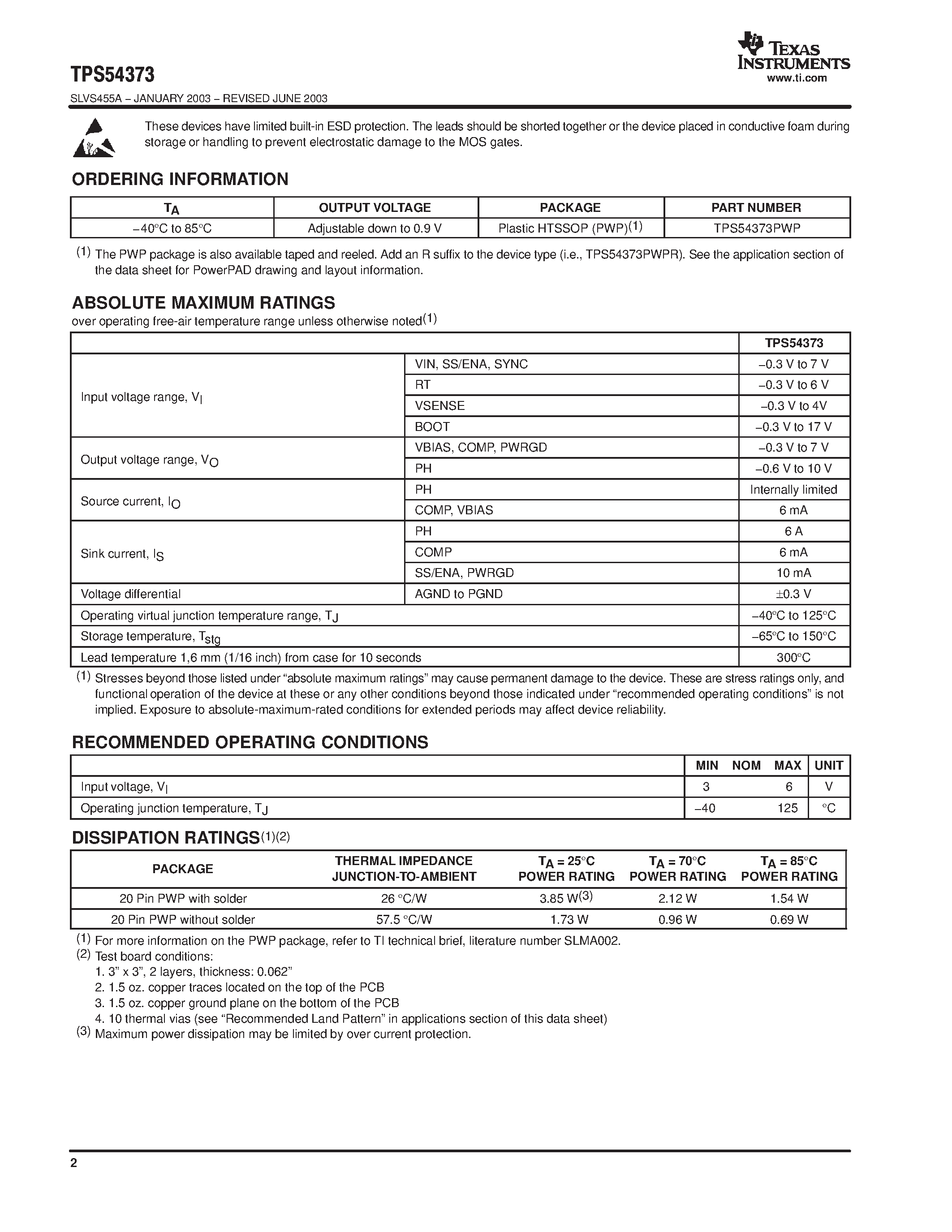 Даташит на микросхему TPS54373 страница 2 Даташит TPS54373 - 3-V TO 6-V INPUT/3-A OUTPUT SYNCHRONOUS BUCK SWITCHER WITH DISABLED SINKING DURING START-UP страница 2
