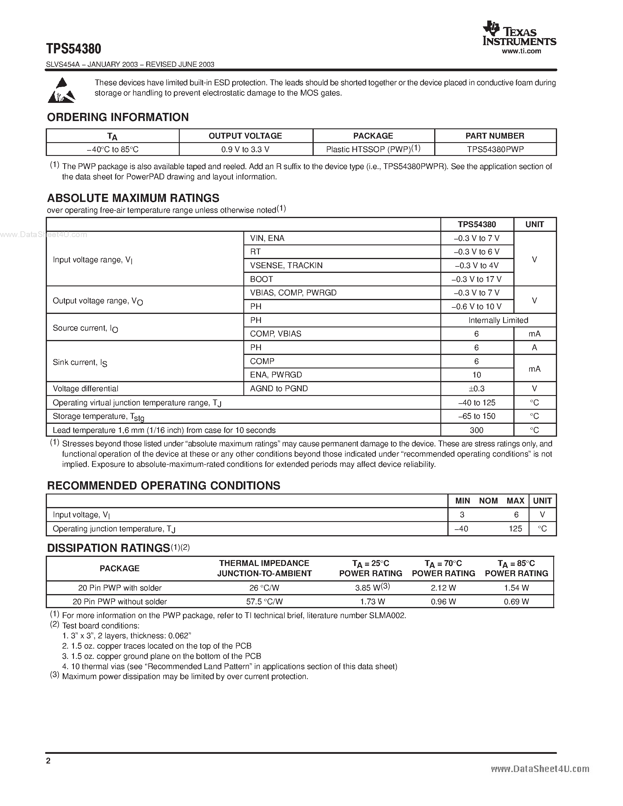 Даташит на микросхему TPS54380 страница 2 Даташит TPS54380 - 3-V TO 6-V INPUT 3-A OUTPUT TRACKING SYNCHRONOUS BUCK PWM SWITCHER WITH INTEGRATED FETS FOR SEQUENCING страница 2