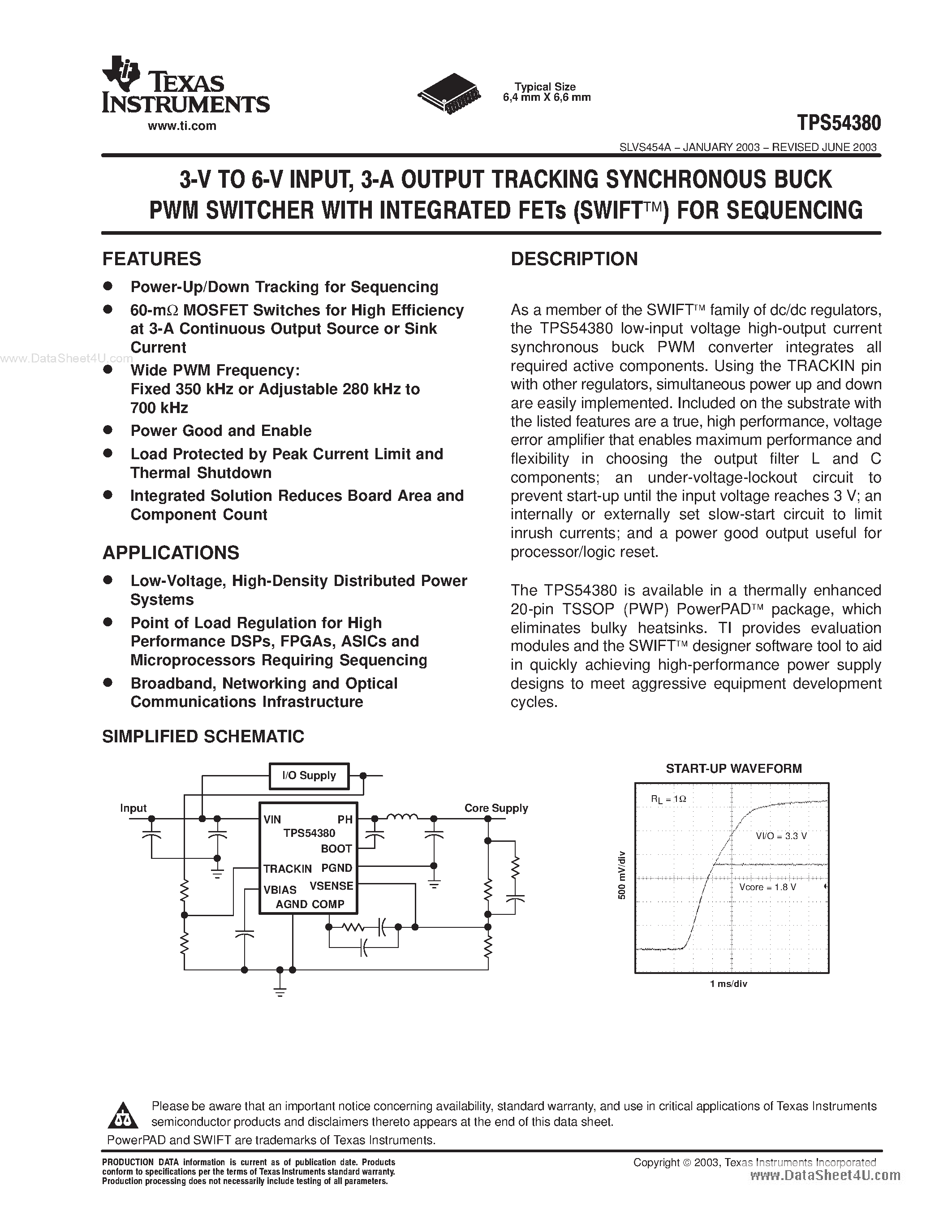 Datasheet TPS54380PWP - 3-V TO 6-V INPUT 3-A OUTPUT TRACKING SYNCHRONOUS BUCK PWM SWITCHER WITH INTEGRATED FETS FOR SEQUENCING page 1