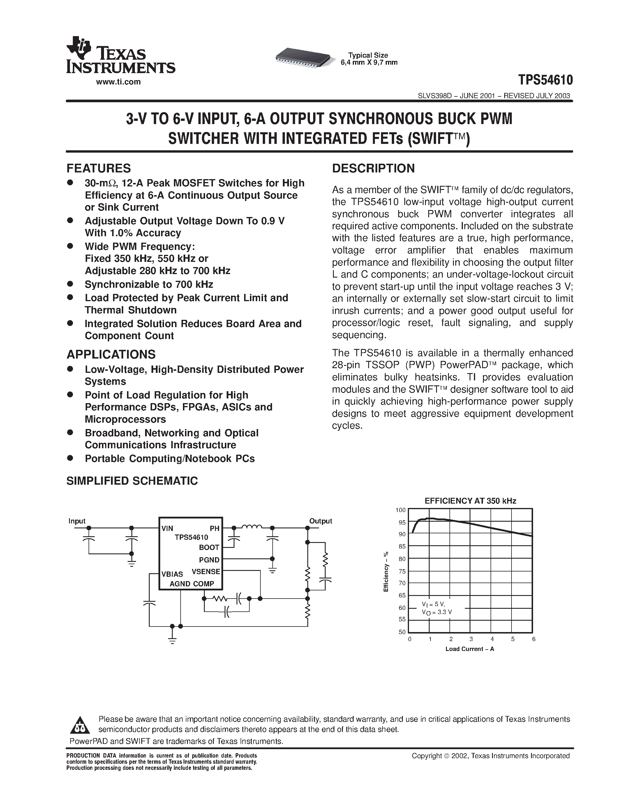 Datasheet TPS54612 - 3-V TO 6-V INPUT/ 6-A OUTPUT SYNCHRONOUS BUCK PWM SWITCHER WITH INTEGRATED FETs page 1