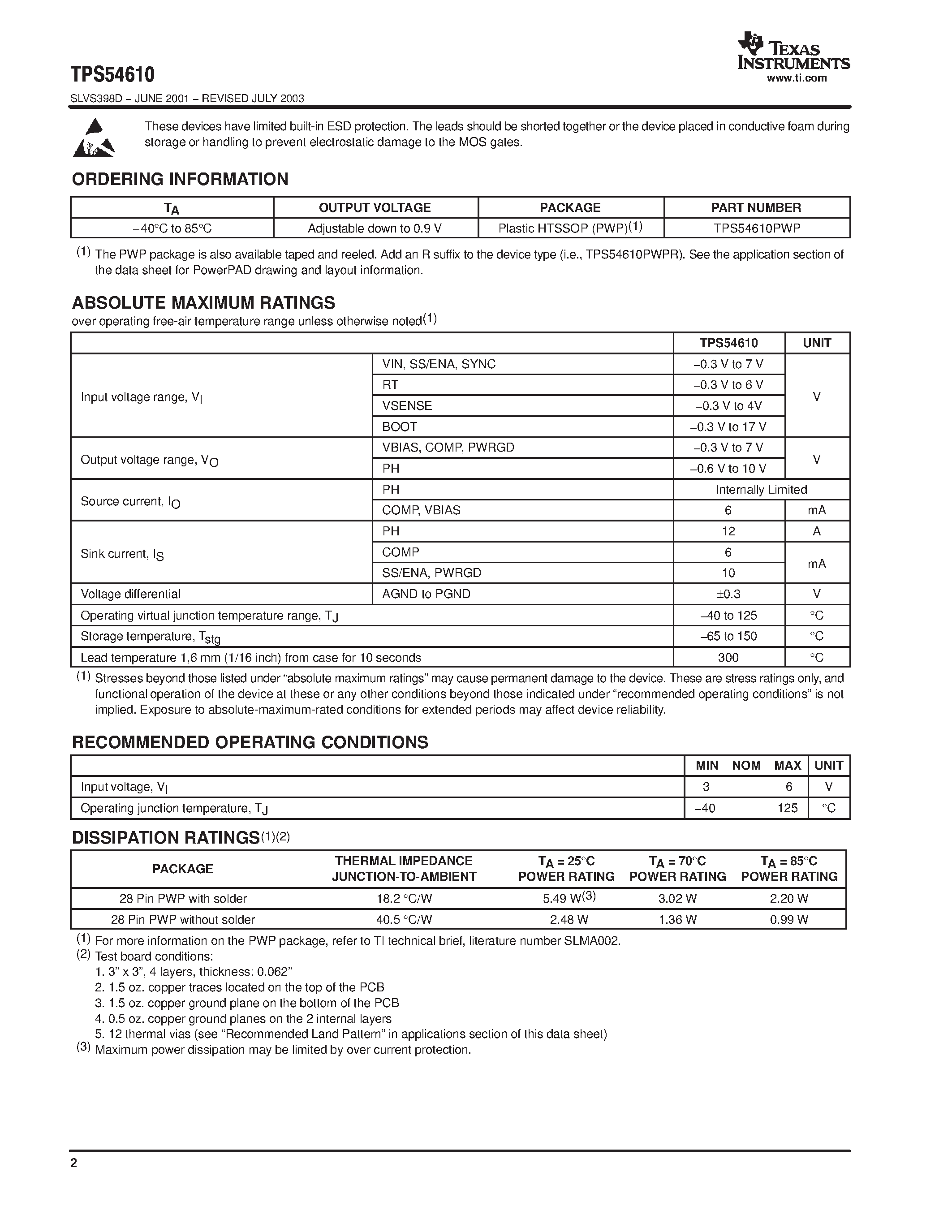 Datasheet TPS54614 - 3-V TO 6-V INPUT/ 6-A OUTPUT SYNCHRONOUS BUCK PWM SWITCHER WITH INTEGRATED FETs page 2