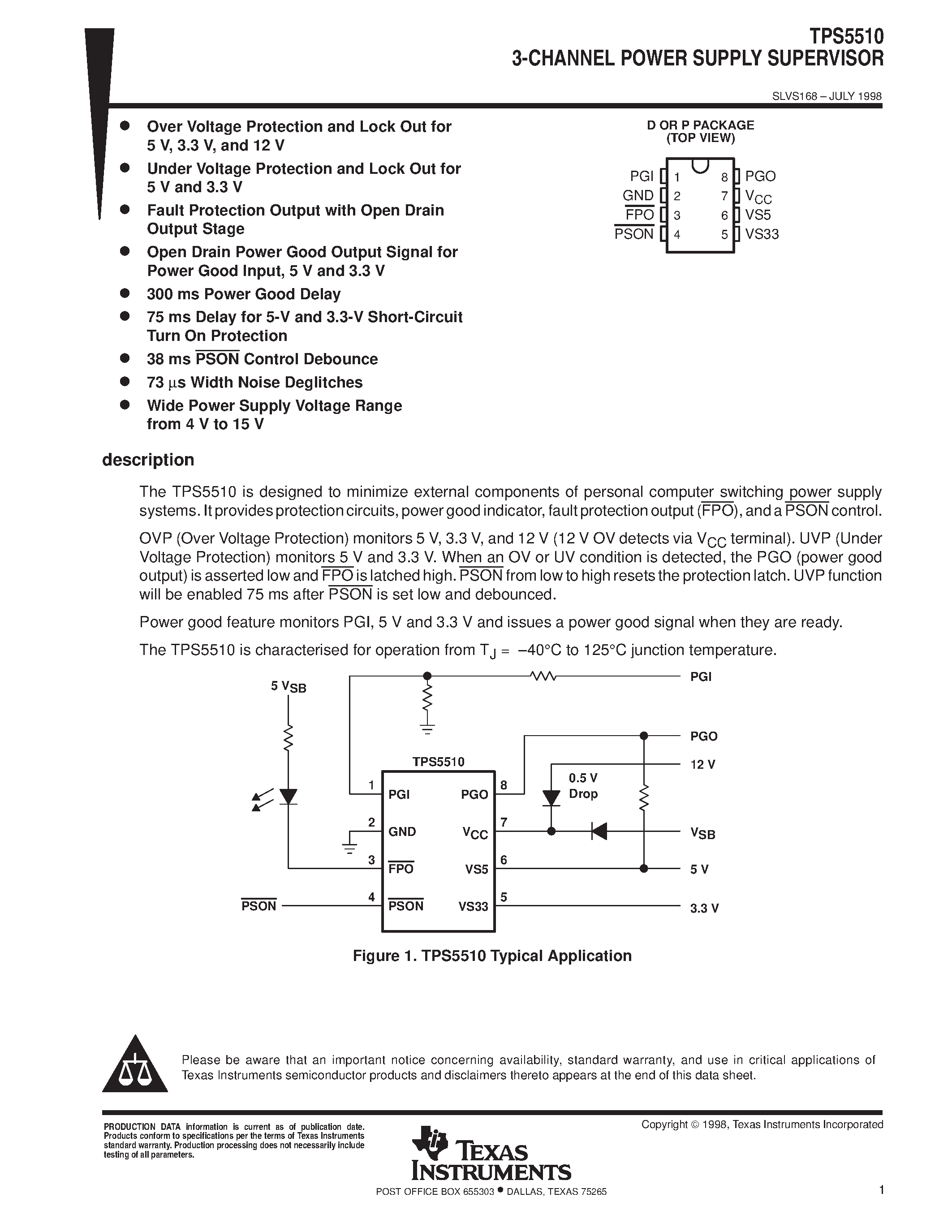Datasheet TPS5510D page 1 Datasheet TPS5510D - 3-CHANNEL POWER SUPPLY SUPERVISOR page 1