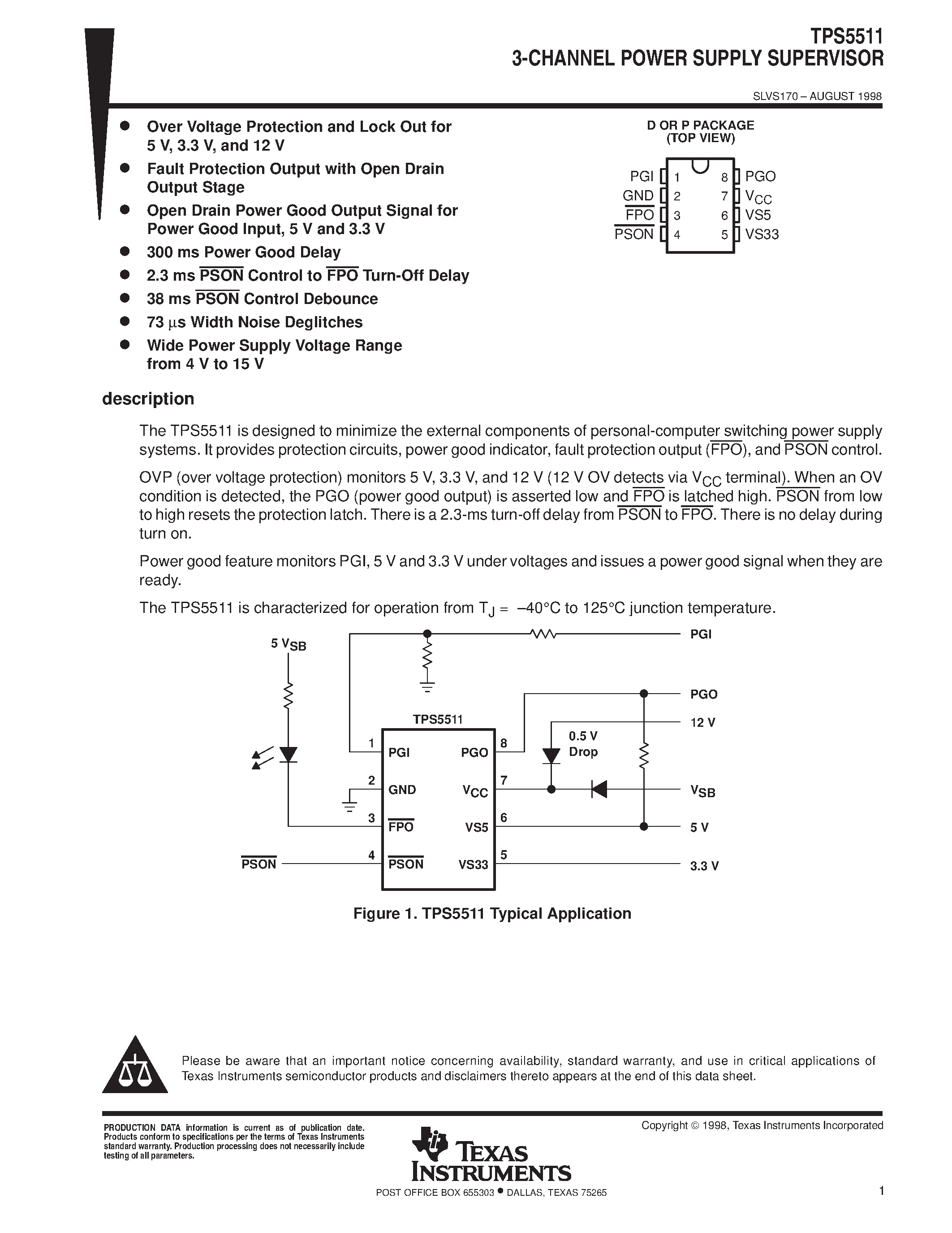 Datasheet TPS5511 page 1 Datasheet TPS5511 - 3-CHANNEL POWER SUPPLY SUPERVISOR page 1