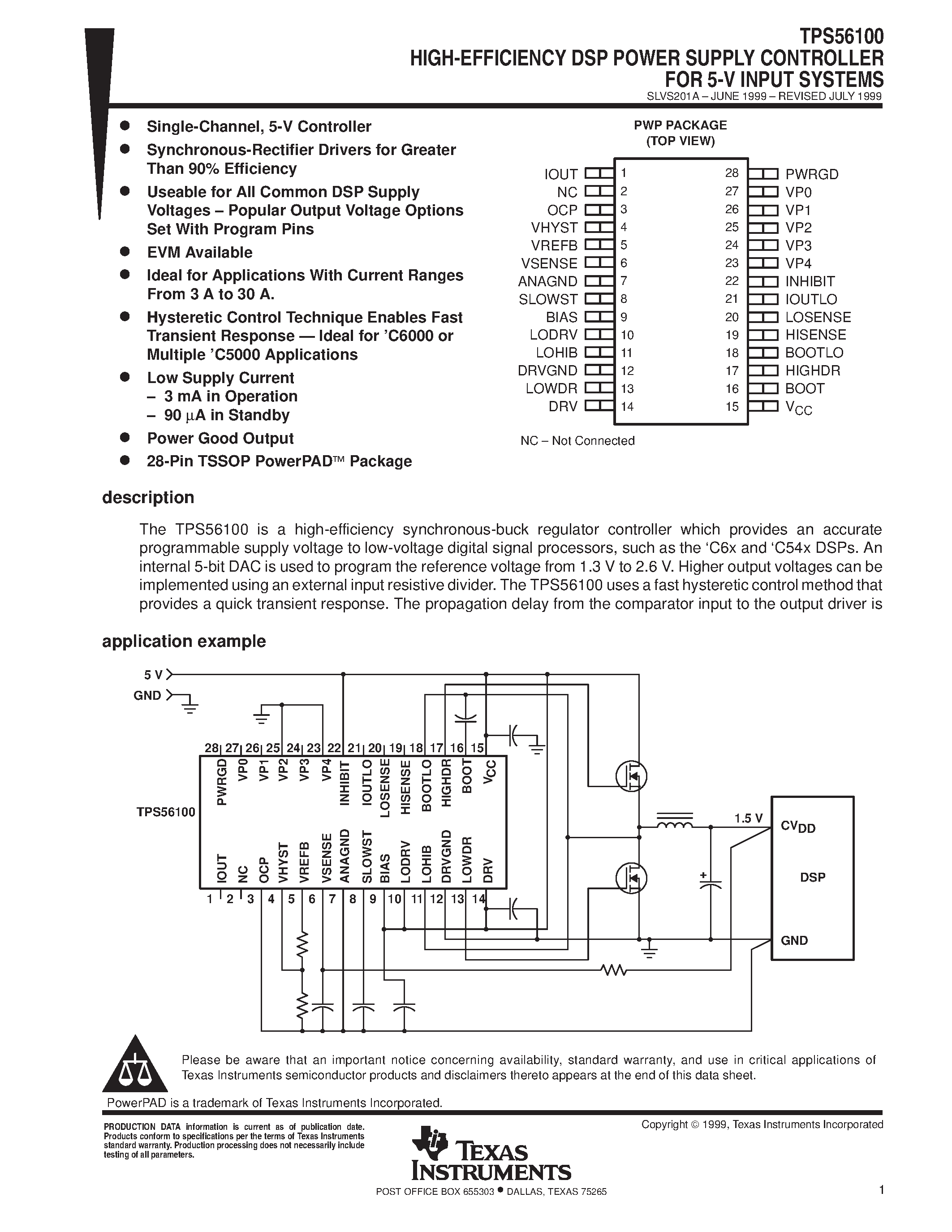 Даташит TPS56100 - HIGH-EFFICIENCY DSP POWER SUPPLY CONTROLLER FOR 5-V INPUT SYSTEMS страница 1