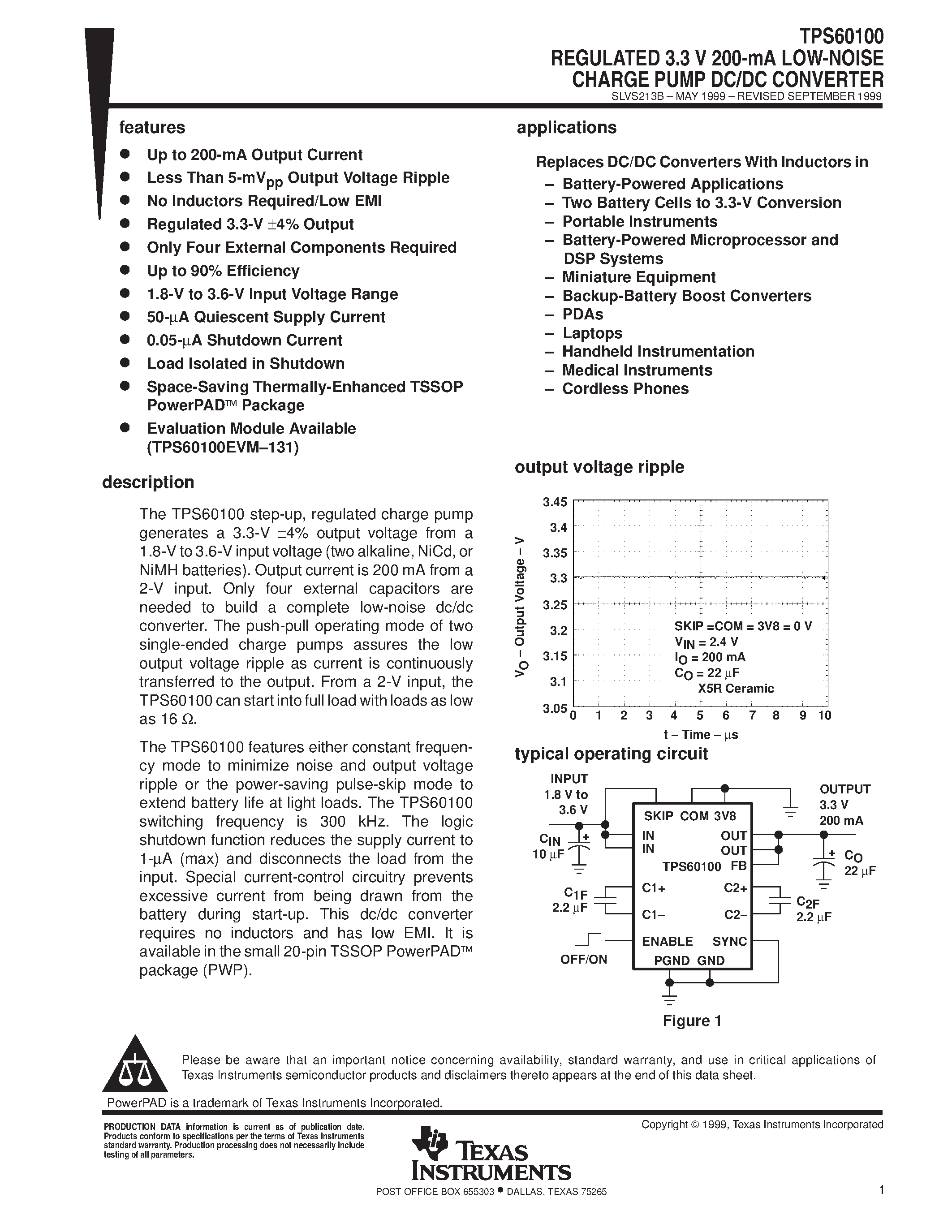 Даташит TPS60100 - REGULATED 3.3 V 200-mA LOW-NOISE CHARGE PUMP DC/DC CONVERTER страница 1