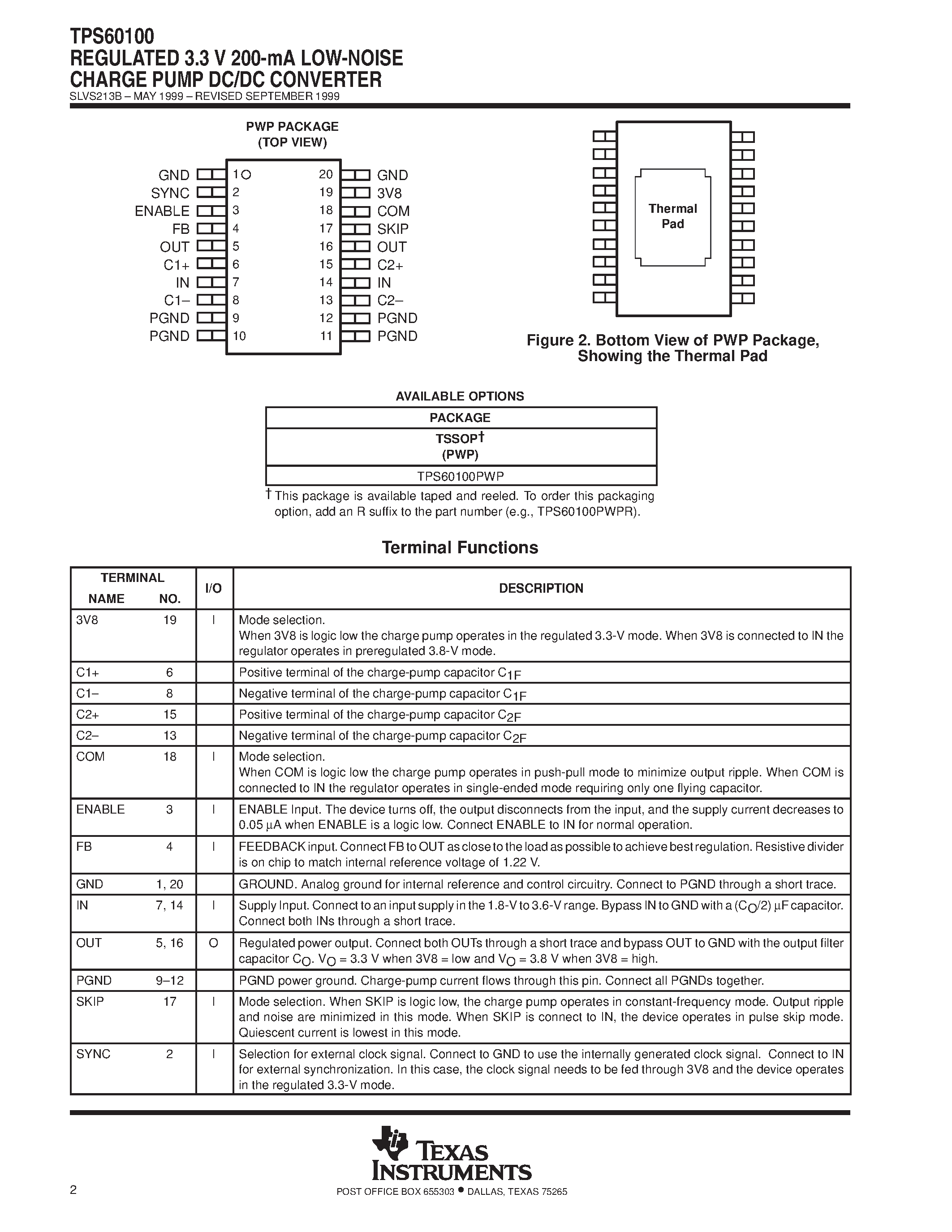 Даташит TPS60100 - REGULATED 3.3 V 200-mA LOW-NOISE CHARGE PUMP DC/DC CONVERTER страница 2