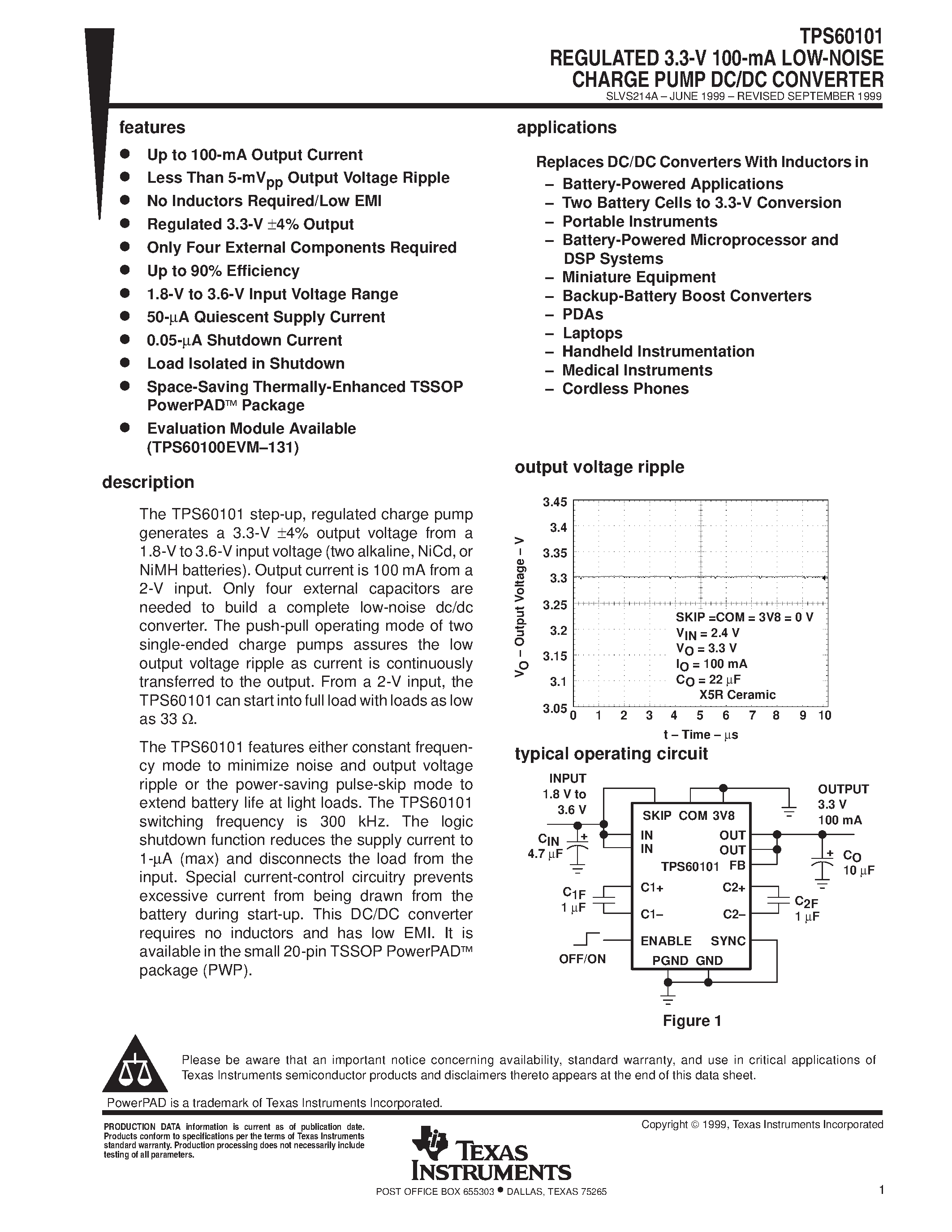 Даташит TPS60101 - REGULATED 3.3-V 100-mA LOW-NOISE CHARGE PUMP DC/DC CONVERTER страница 1