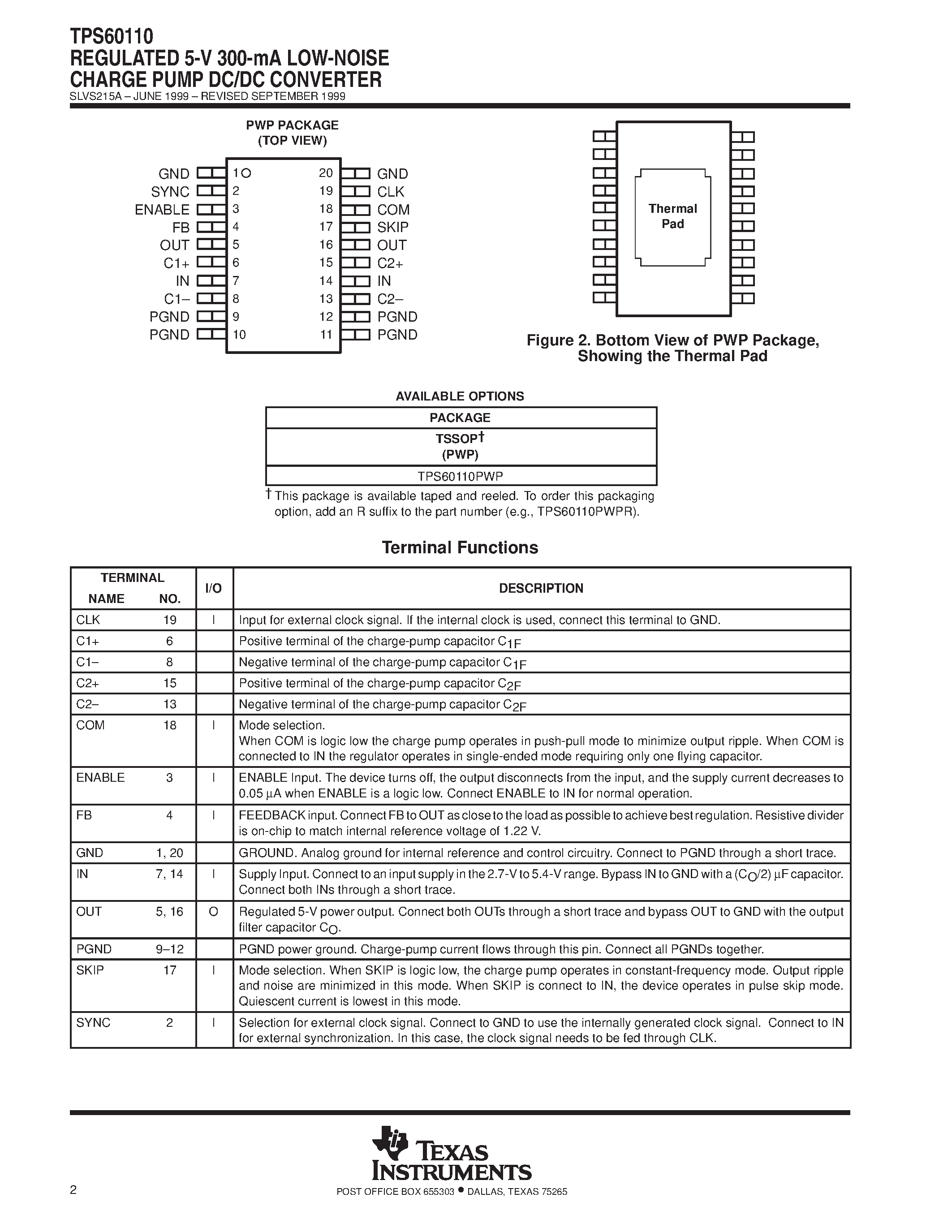 Даташит TPS60110 - REGULATED 5-V 300-mA LOW-NOISE CHARGE PUMP DC/DC CONVERTER страница 2