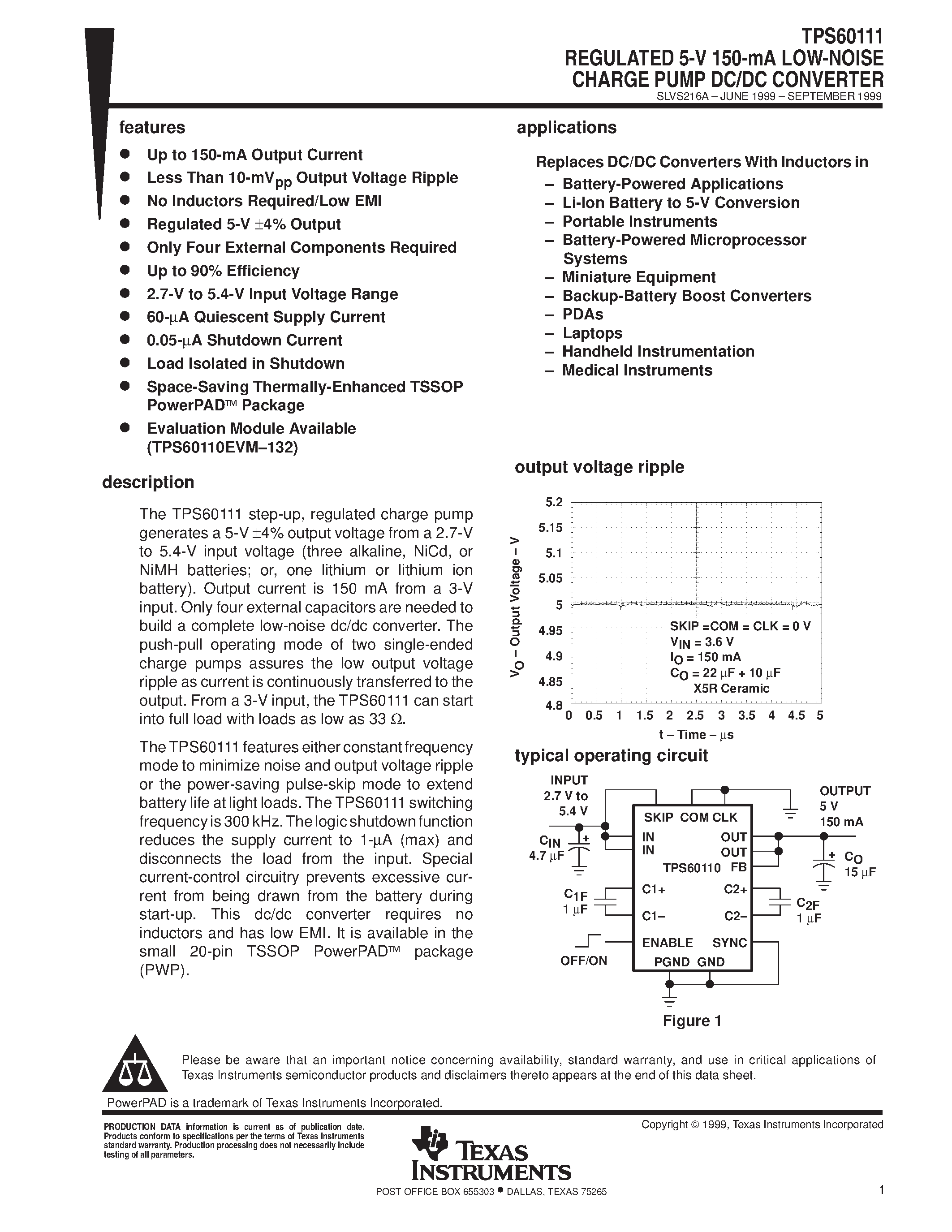 Даташит TPS60111 - REGULATED 5-V 150-mA LOW-NOISE CHARGE PUMP DC/DC CONVERTER страница 1