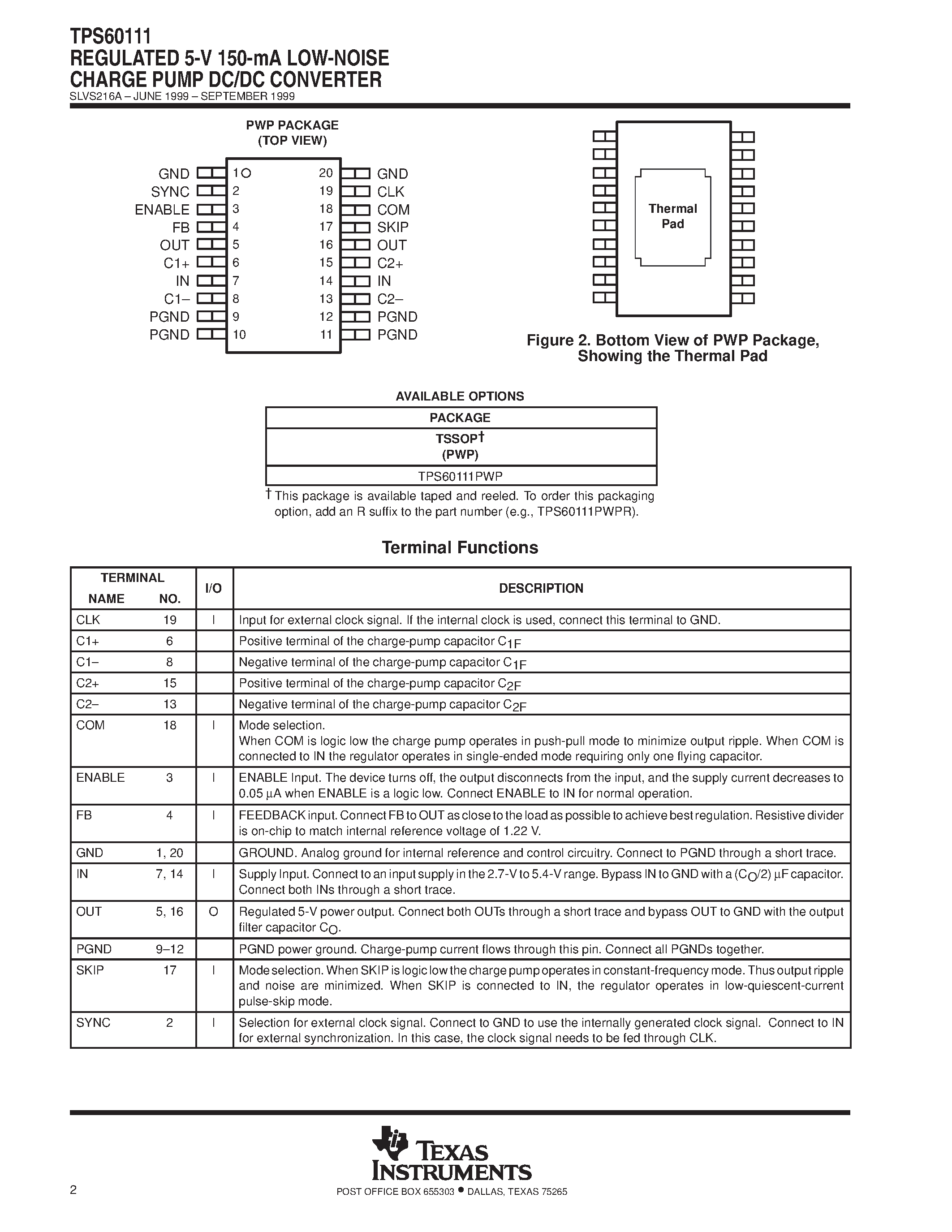 Даташит TPS60111 - REGULATED 5-V 150-mA LOW-NOISE CHARGE PUMP DC/DC CONVERTER страница 2