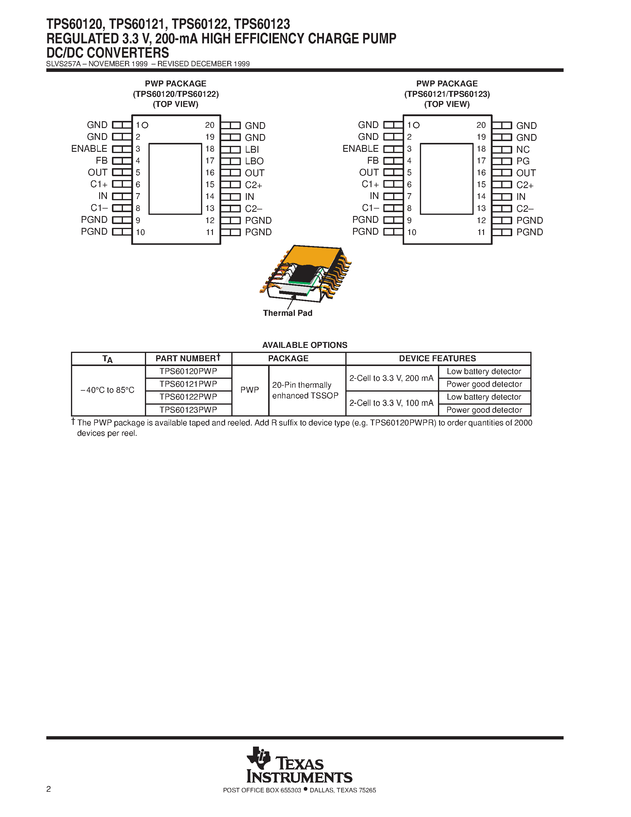 Даташит TPS60122 - REGULATED 3.3 V/ 200-mA HIGH EFFICIENCY CHARGE PUMP DC/DC CONVERTERS страница 2
