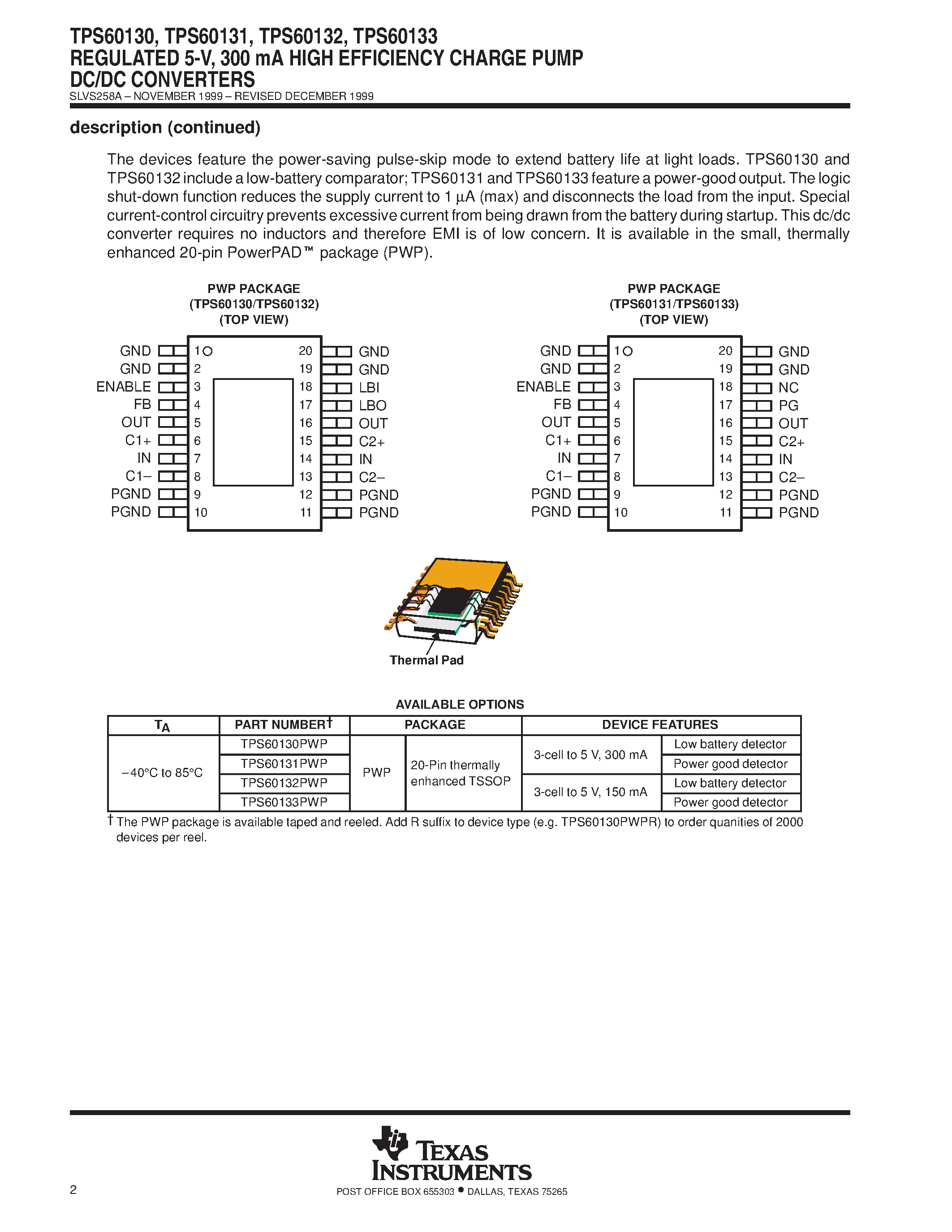Даташит TPS60130PWP - REGULATED 5-V/ 300 mA HIGH EFFICIENCY CHARGE PUMP DC/DC CONVERTERS страница 2