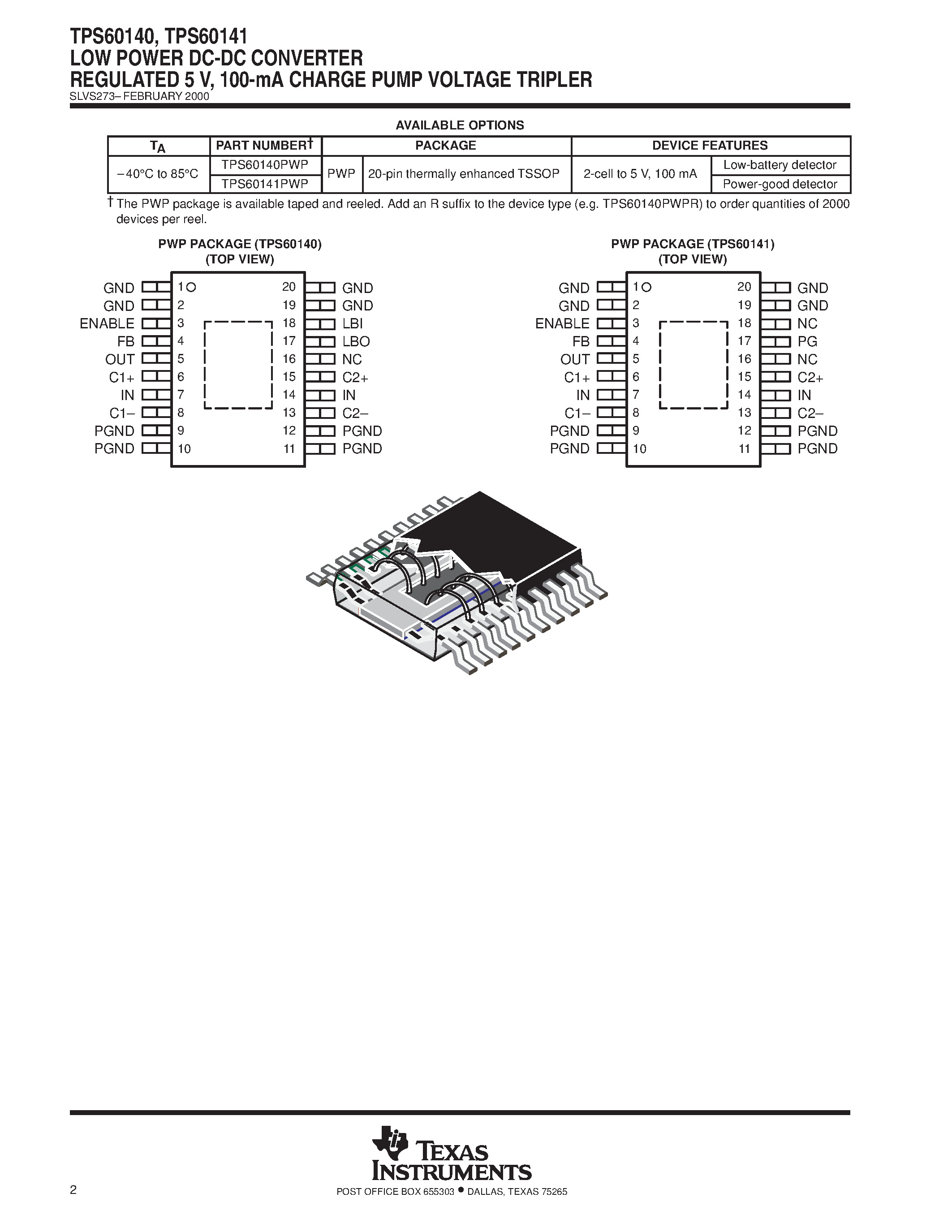 Даташит TPS60141 - LOW POWER DC-DC CONVERTER REGULATED 5 V/ 100-mA CHARGE PUMP VOLTAGE TRIPLER страница 2