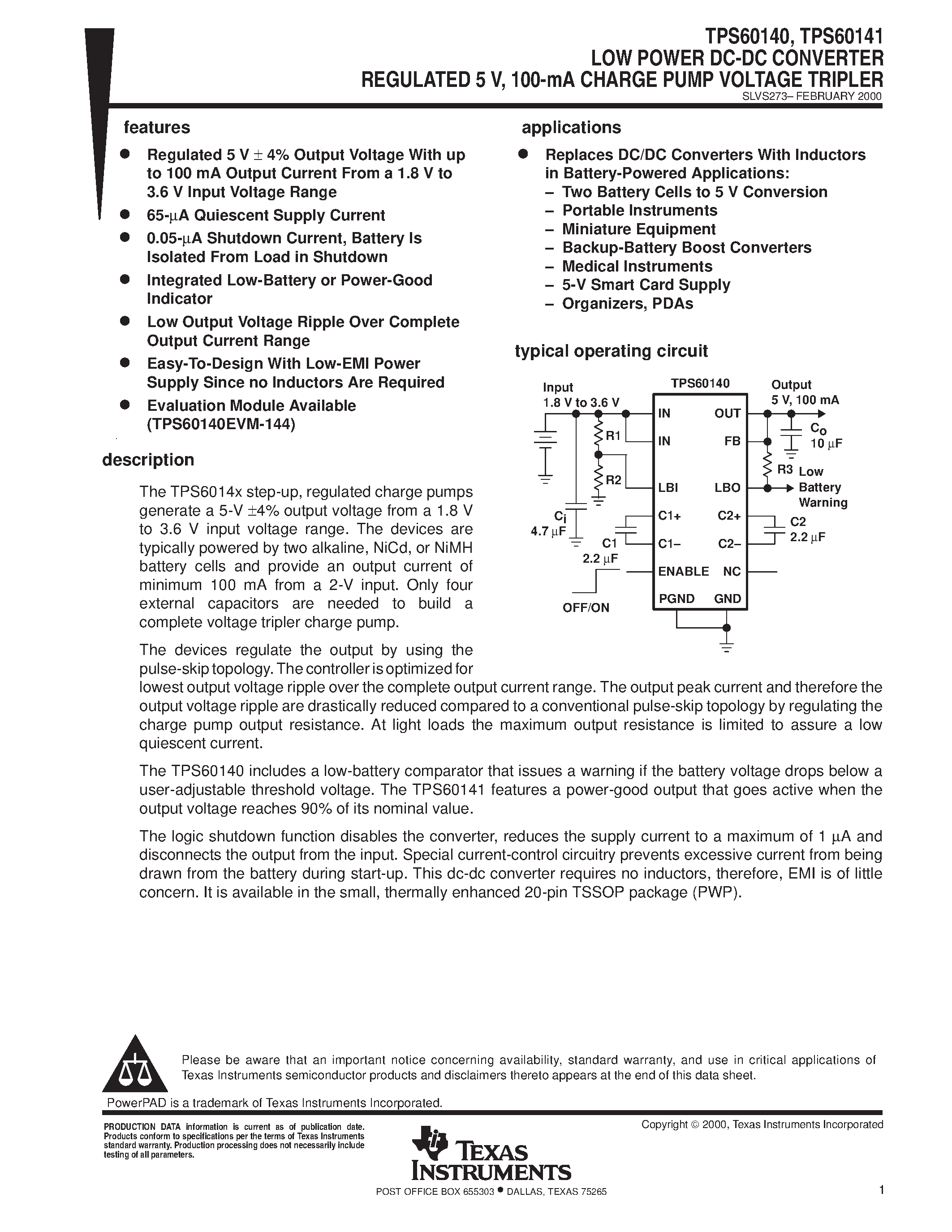 Даташит TPS60141PWP - LOW POWER DC-DC CONVERTER REGULATED 5 V/ 100-mA CHARGE PUMP VOLTAGE TRIPLER страница 1