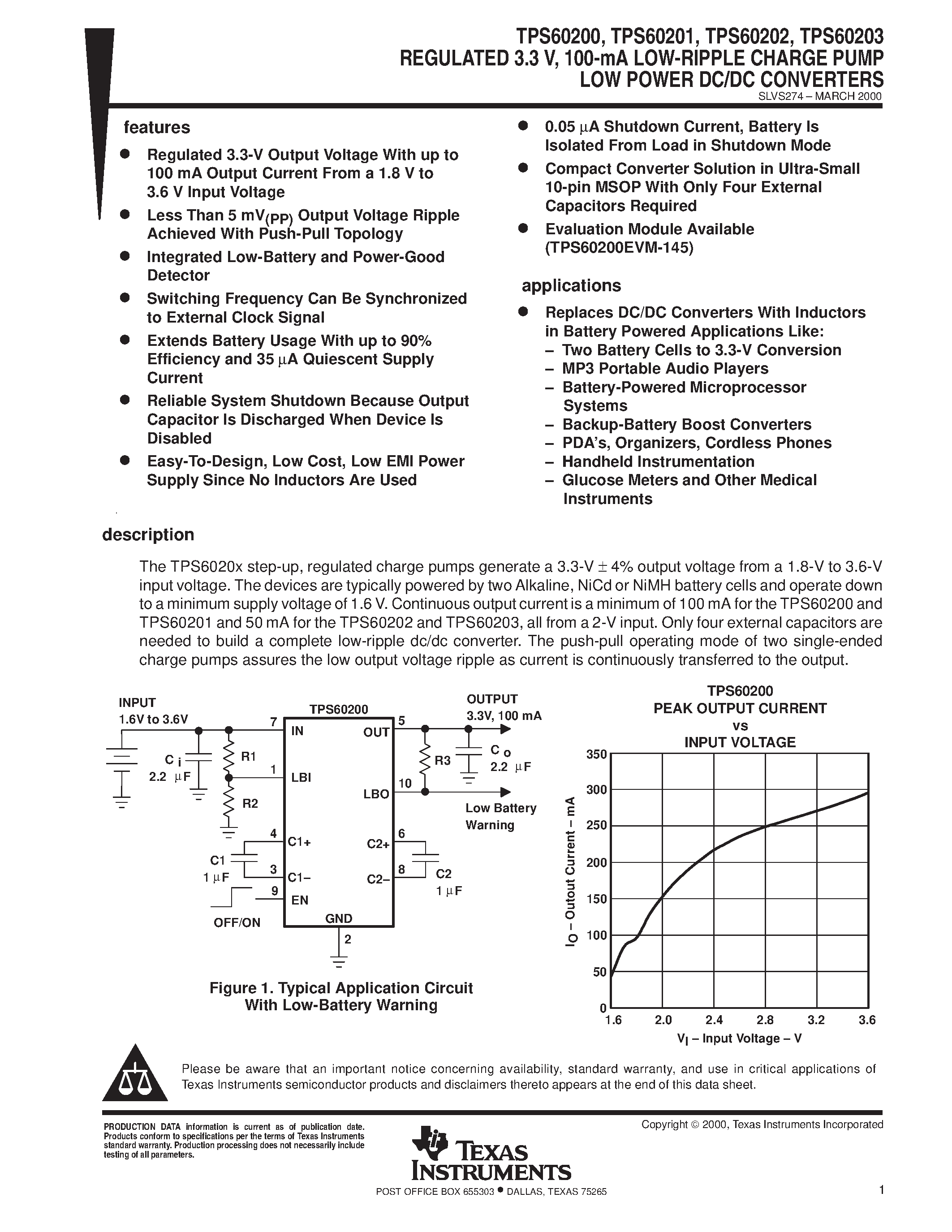 Даташит TPS60200 - REGULATED 3.3 V/ 100-mA LOW-RIPPLE CHARGE PUMP LOW POWER DC/DC CONVERTERS страница 1